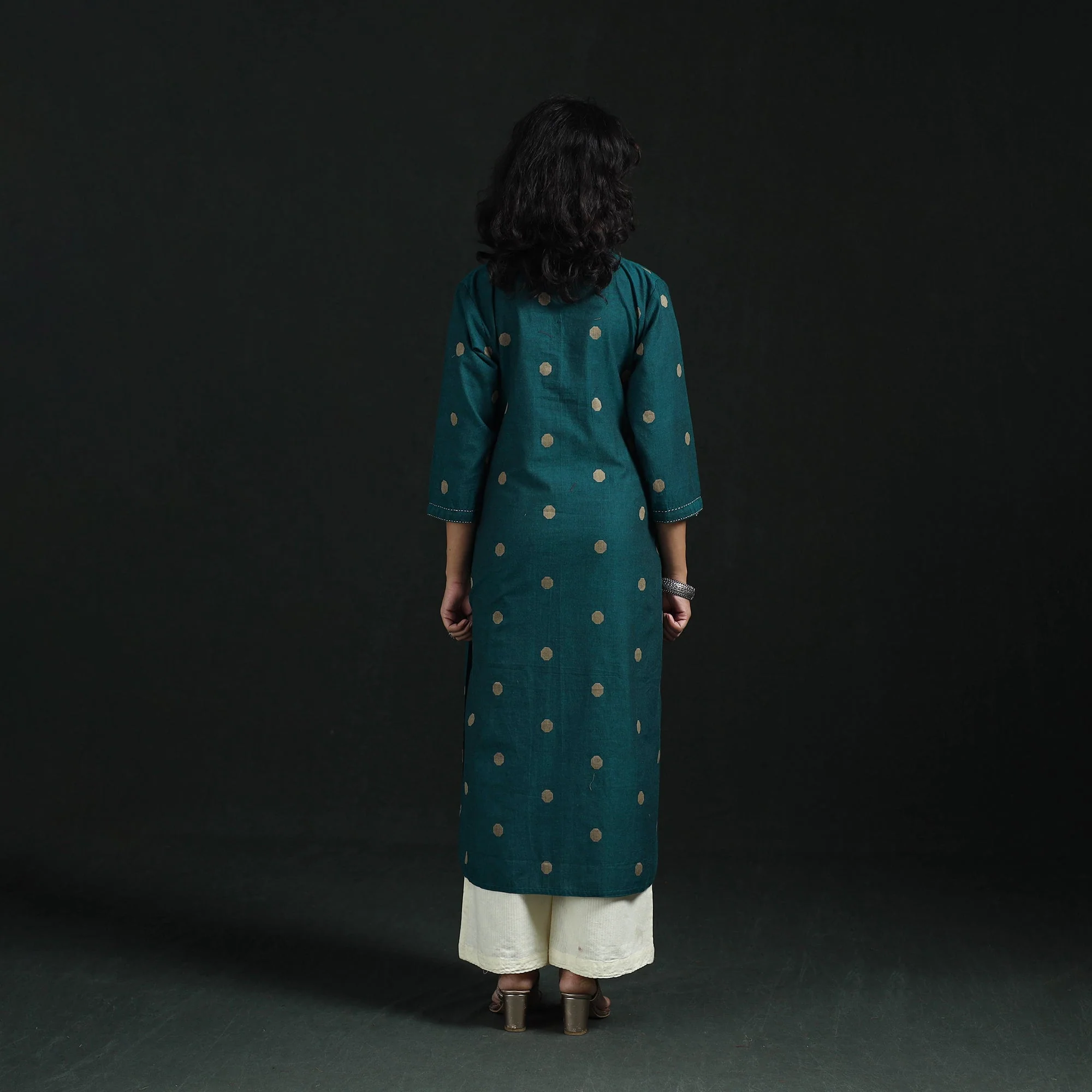 Green - Hand Embroidery Straight Cotton Jacquard Kurta for women 06 - Image 4