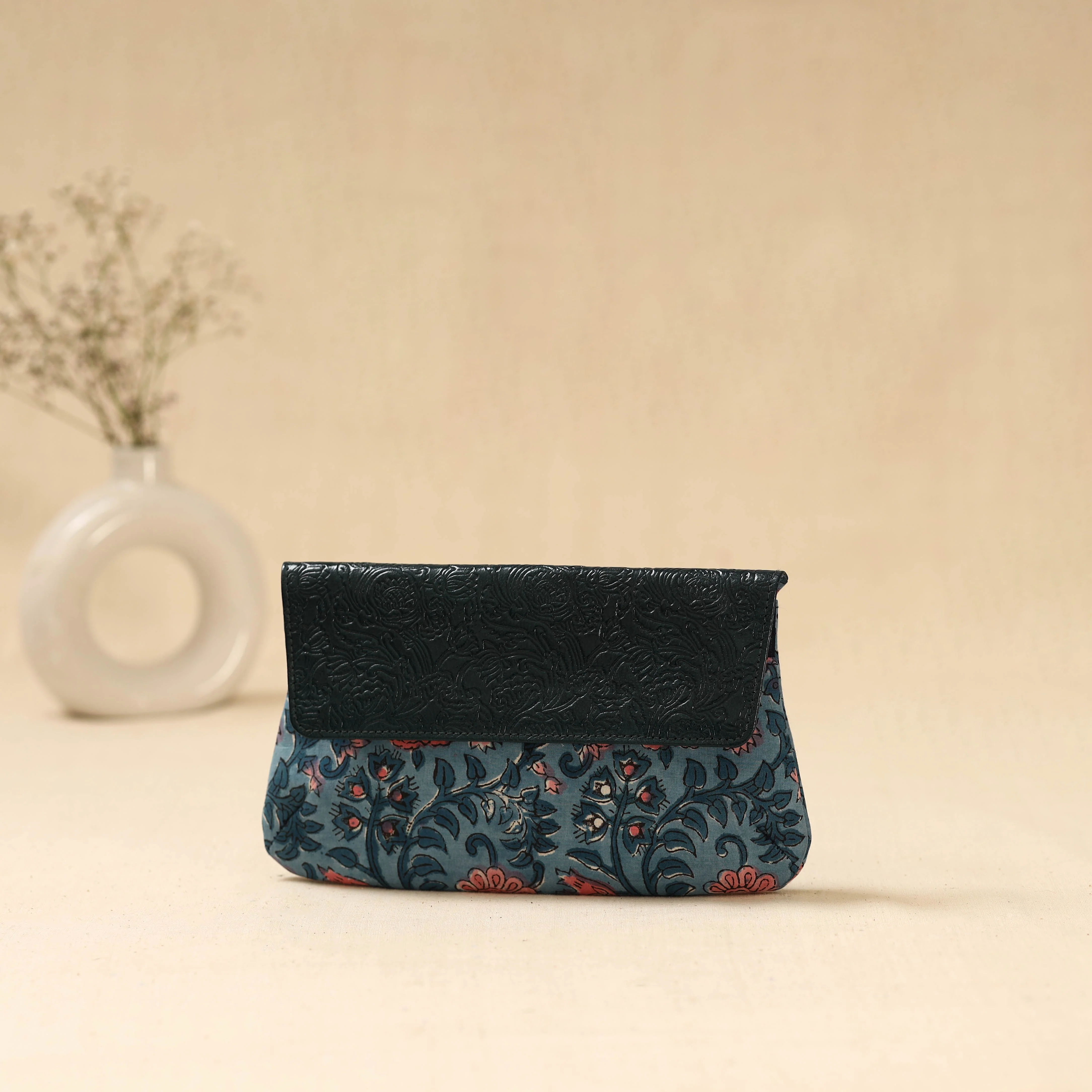 Blue - Hand Print Clutch with Embossed Leather Flap 27