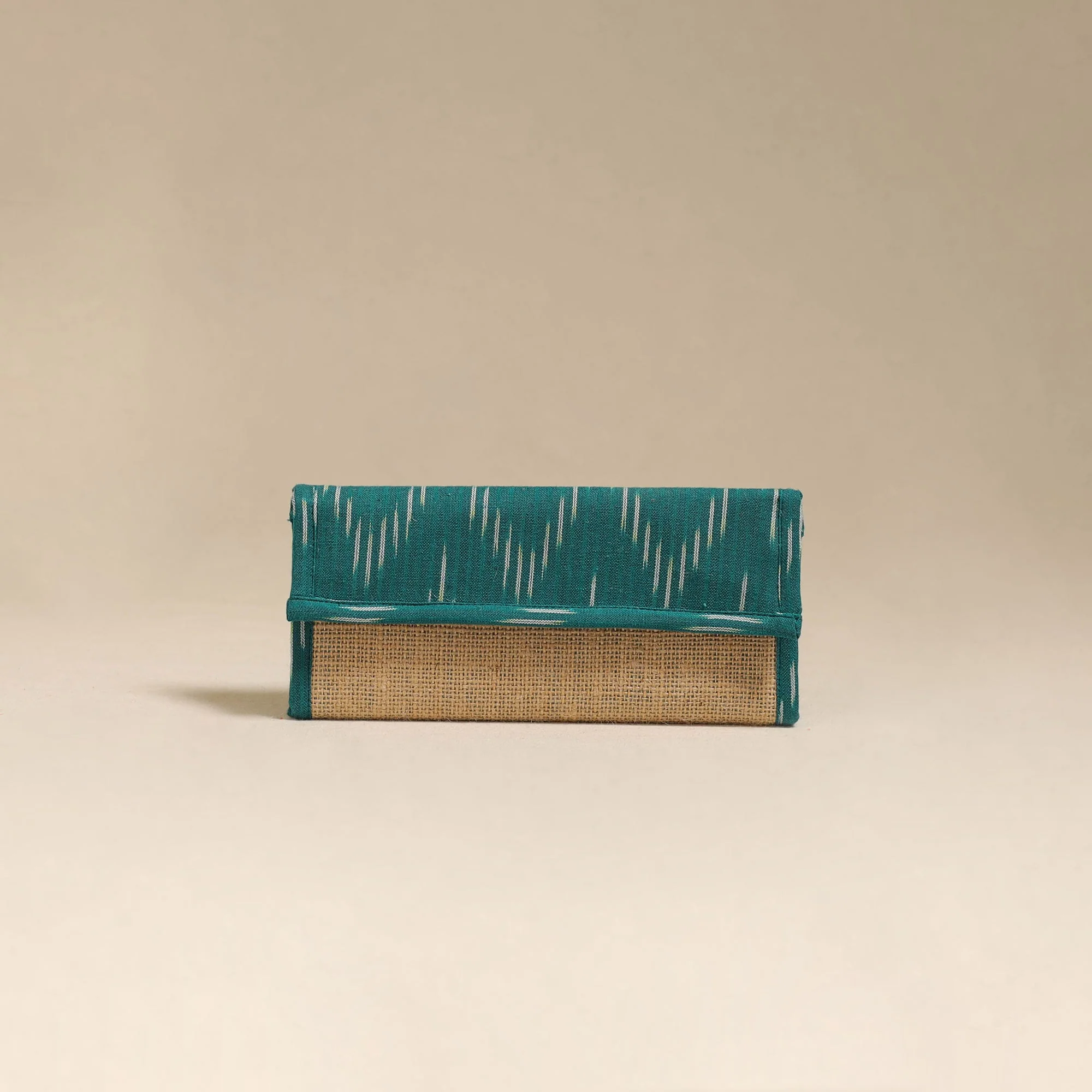 Green - Handcrafted Ikat Fabric Jute Clutch / Wallet by Chhoti Si Asha 06