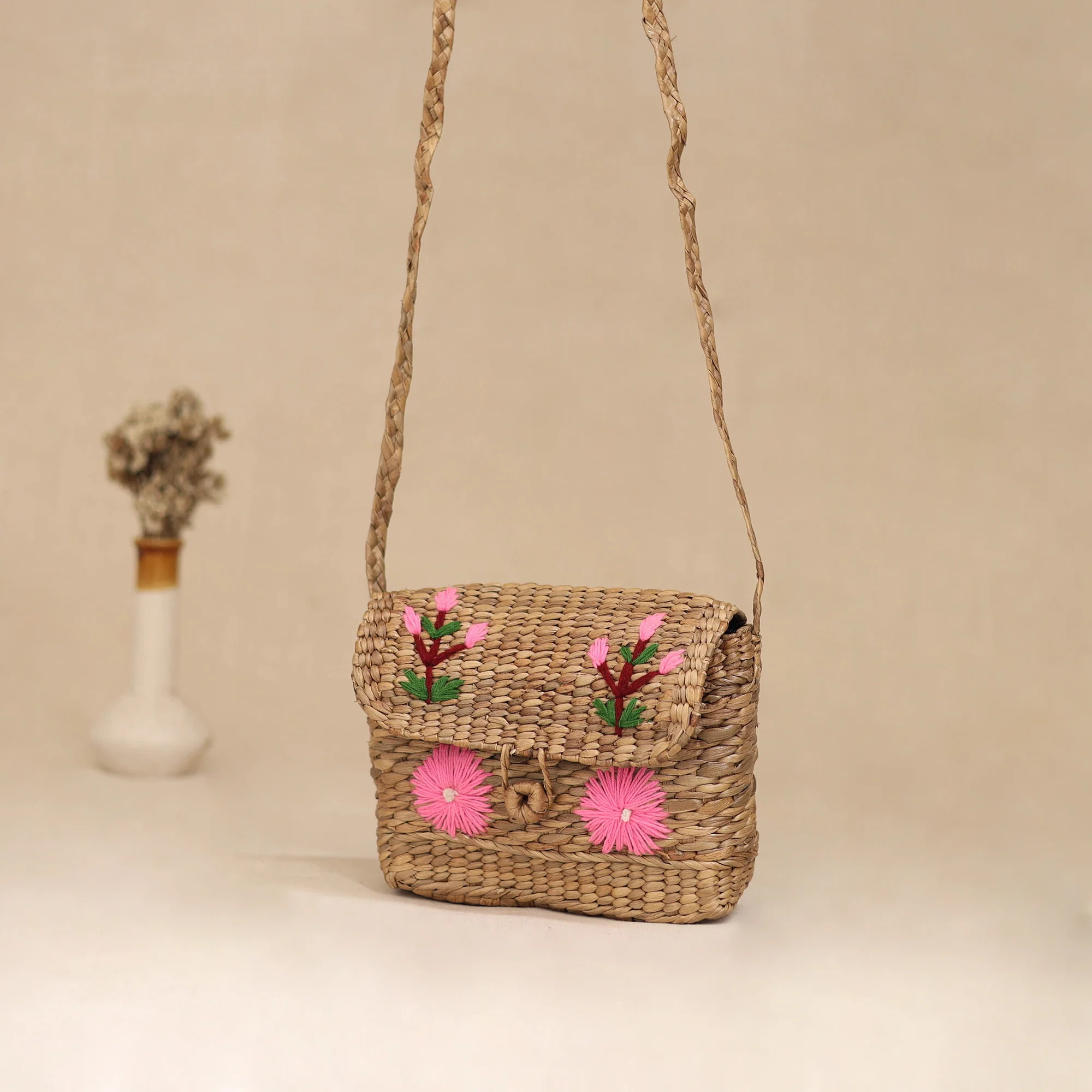 Beige - Handcrafted Natural Water Hyacinth Hand Embroidered Sling Bag 01 - Image 3