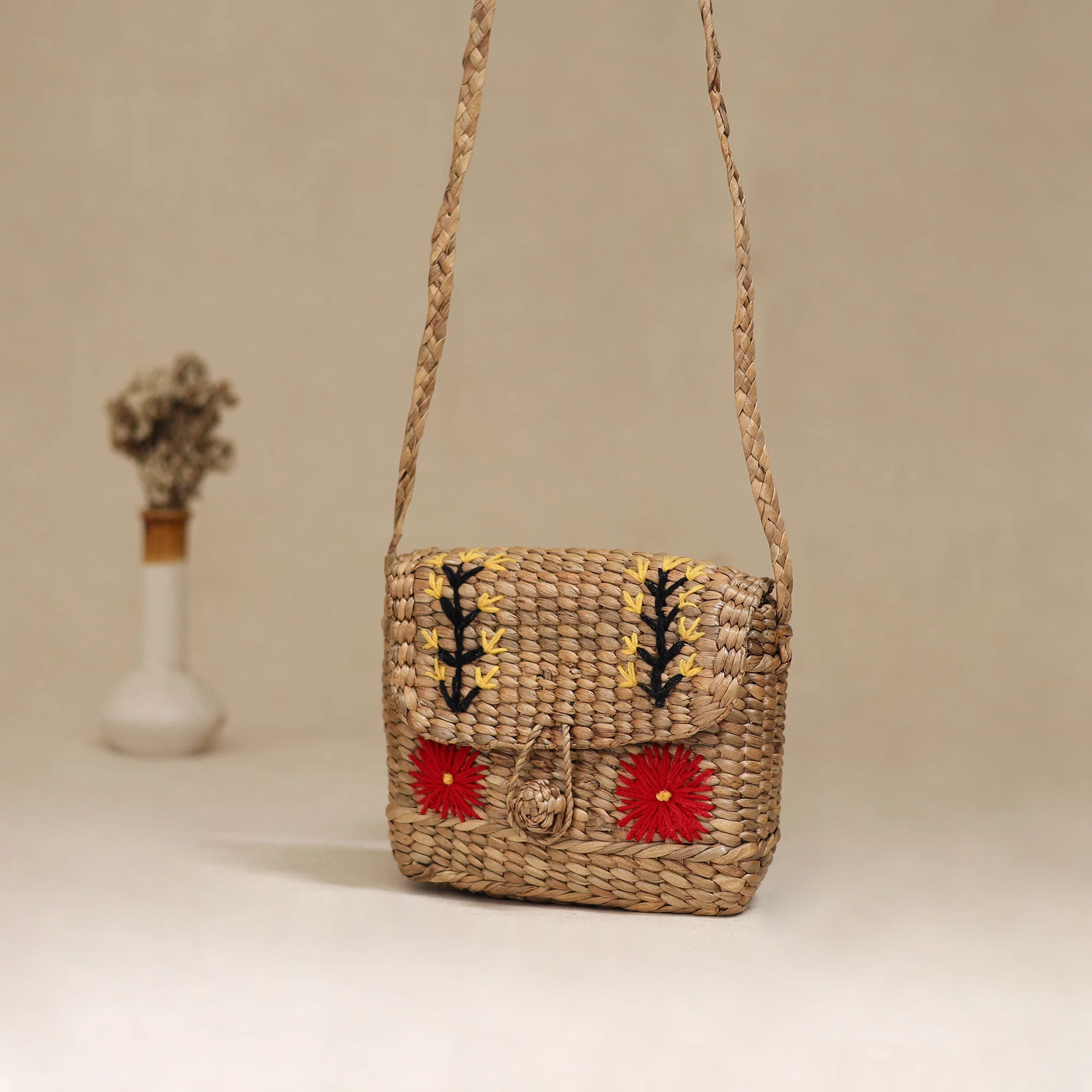 Beige - Handcrafted Natural Water Hyacinth Hand Embroidered Sling Bag 02 - Image 3
