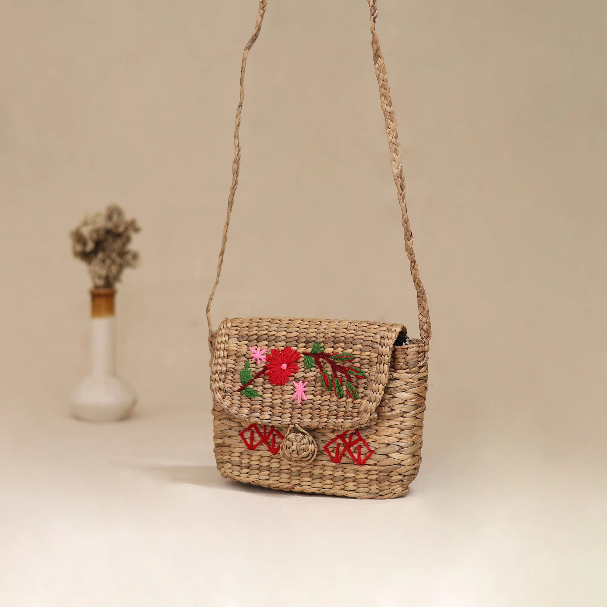 Beige - Handcrafted Natural Water Hyacinth Hand Embroidered Sling Bag 05 - Image 3