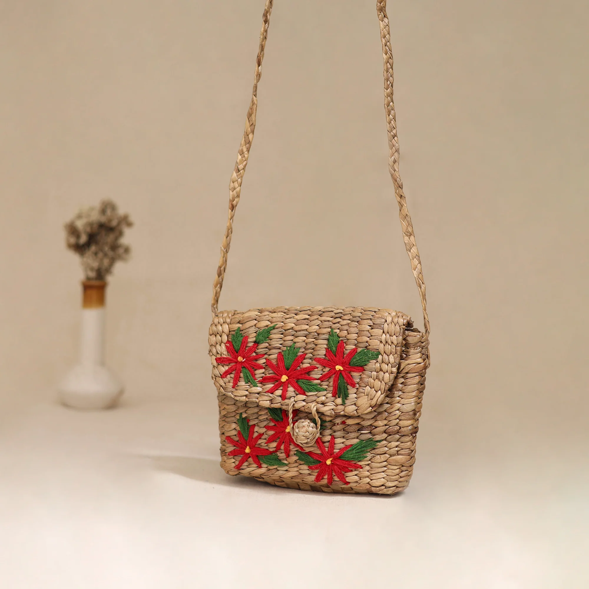 Beige - Handcrafted Natural Water Hyacinth Hand Embroidered Sling Bag 06 - Image 3