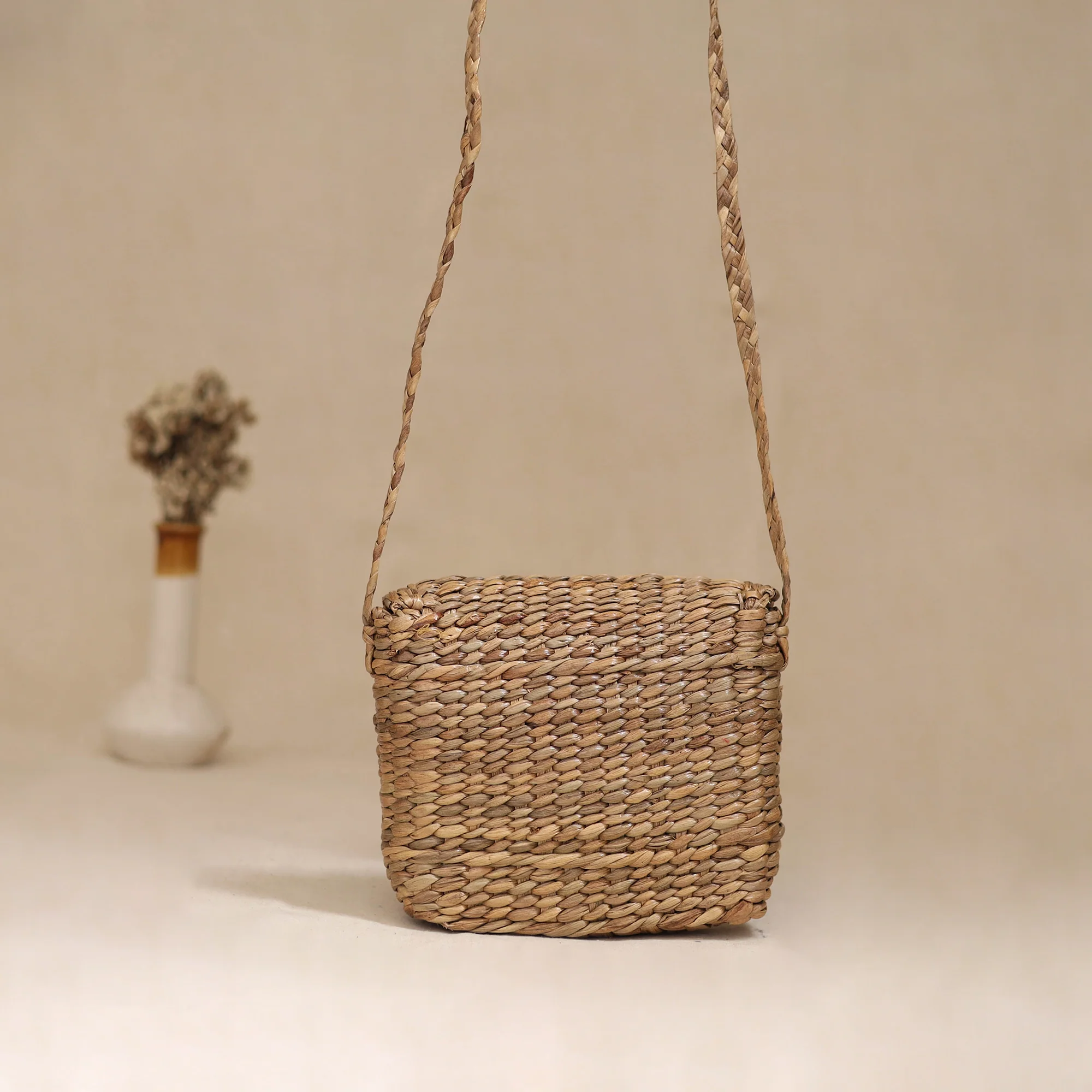 Beige - Handcrafted Natural Water Hyacinth Hand Embroidered Sling Bag 08 - Image 4