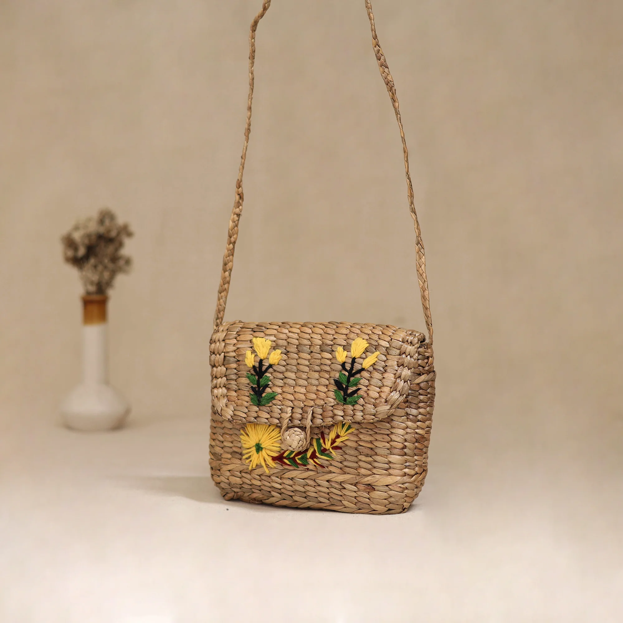 Beige - Handcrafted Natural Water Hyacinth Hand Embroidered Sling Bag 12 - Image 3