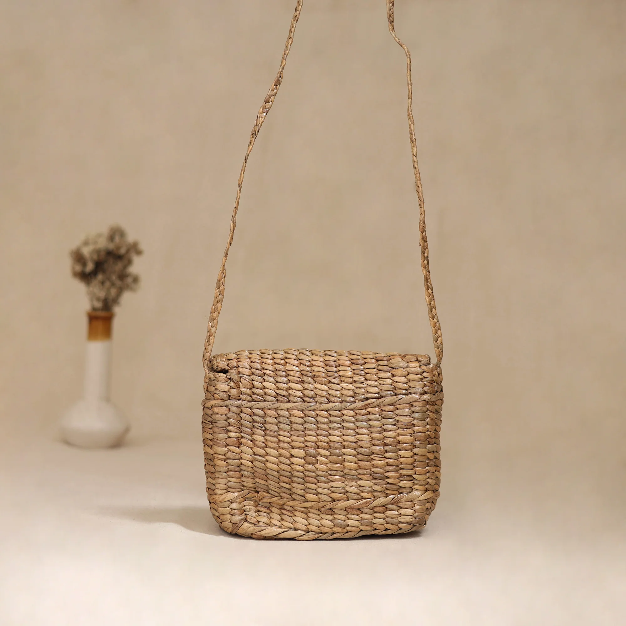Beige - Handcrafted Natural Water Hyacinth Hand Embroidered Sling Bag 12 - Image 4