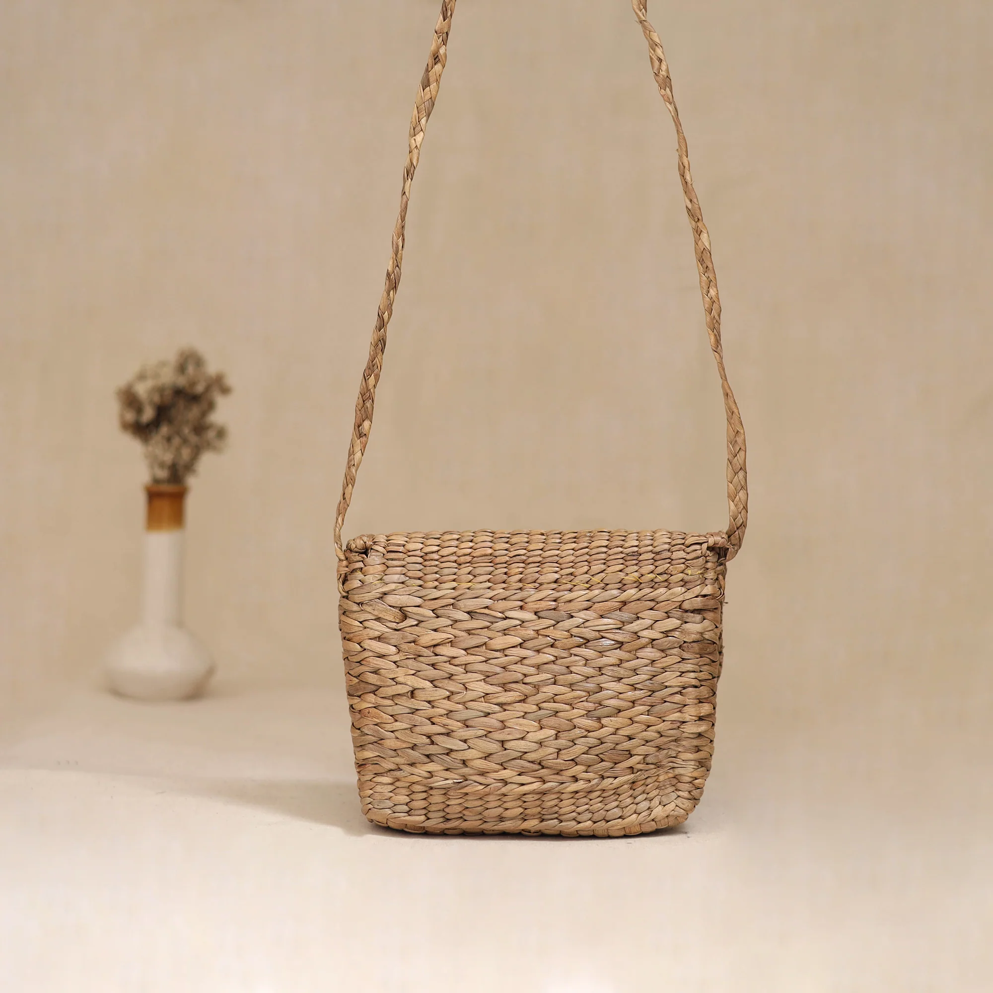Beige - Handcrafted Natural Water Hyacinth Hand Embroidered Sling Bag 18 - Image 4