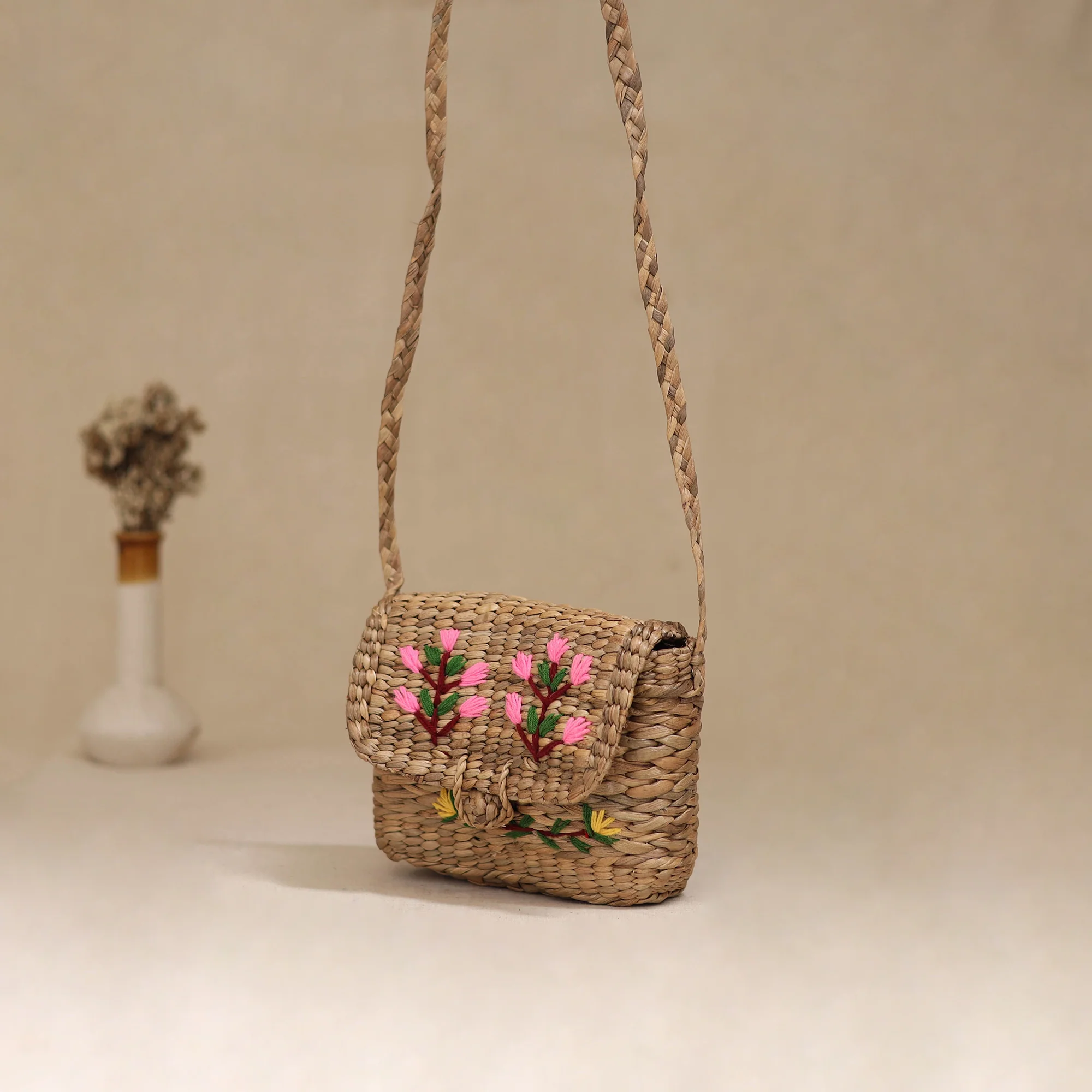 Beige - Handcrafted Natural Water Hyacinth Hand Embroidered Sling Bag 22 - Image 3