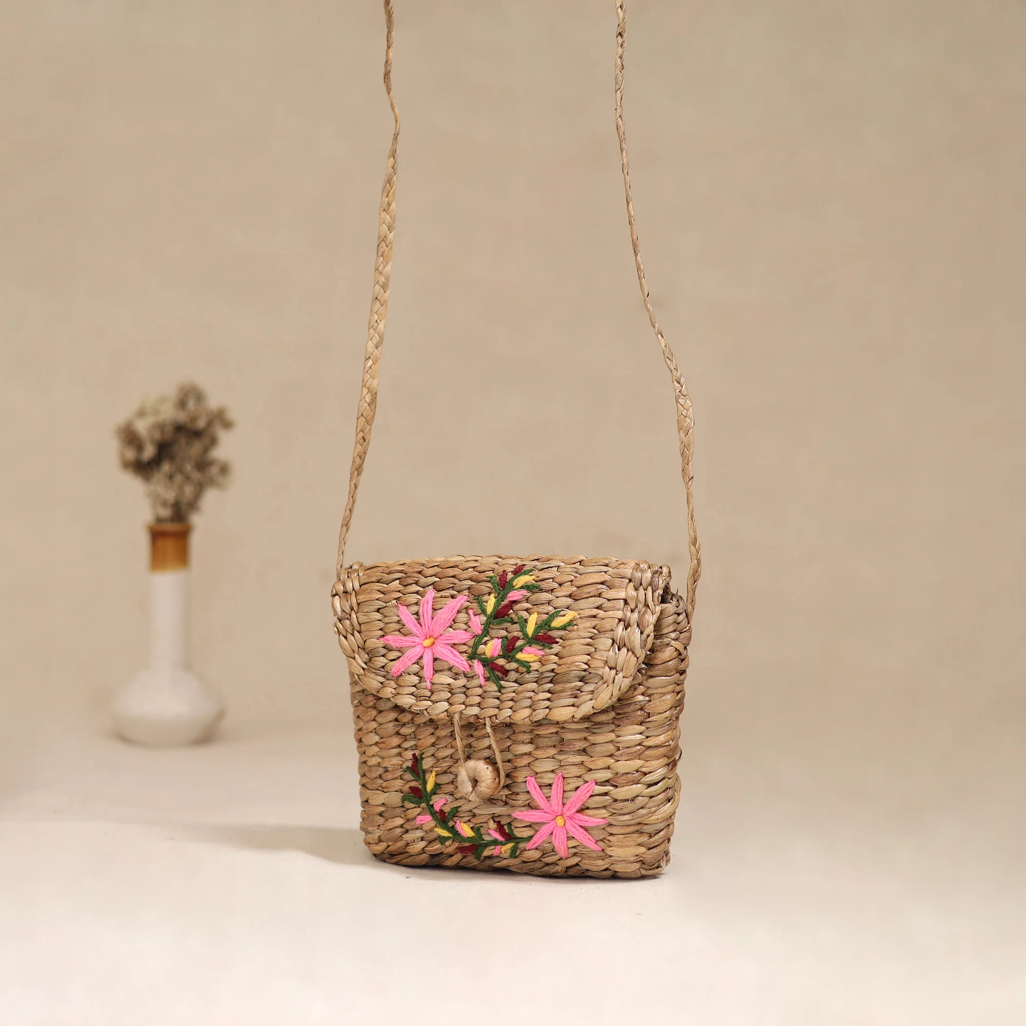 Beige - Handcrafted Natural Water Hyacinth Hand Embroidered Sling Bag 26 - Image 3