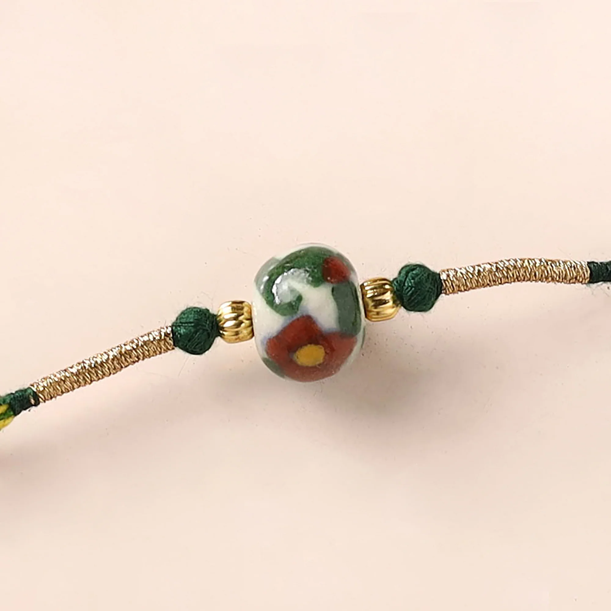 Handcrafted Patwa Threadwork Blue Pottery Beads Rakhi 08 - Image 2