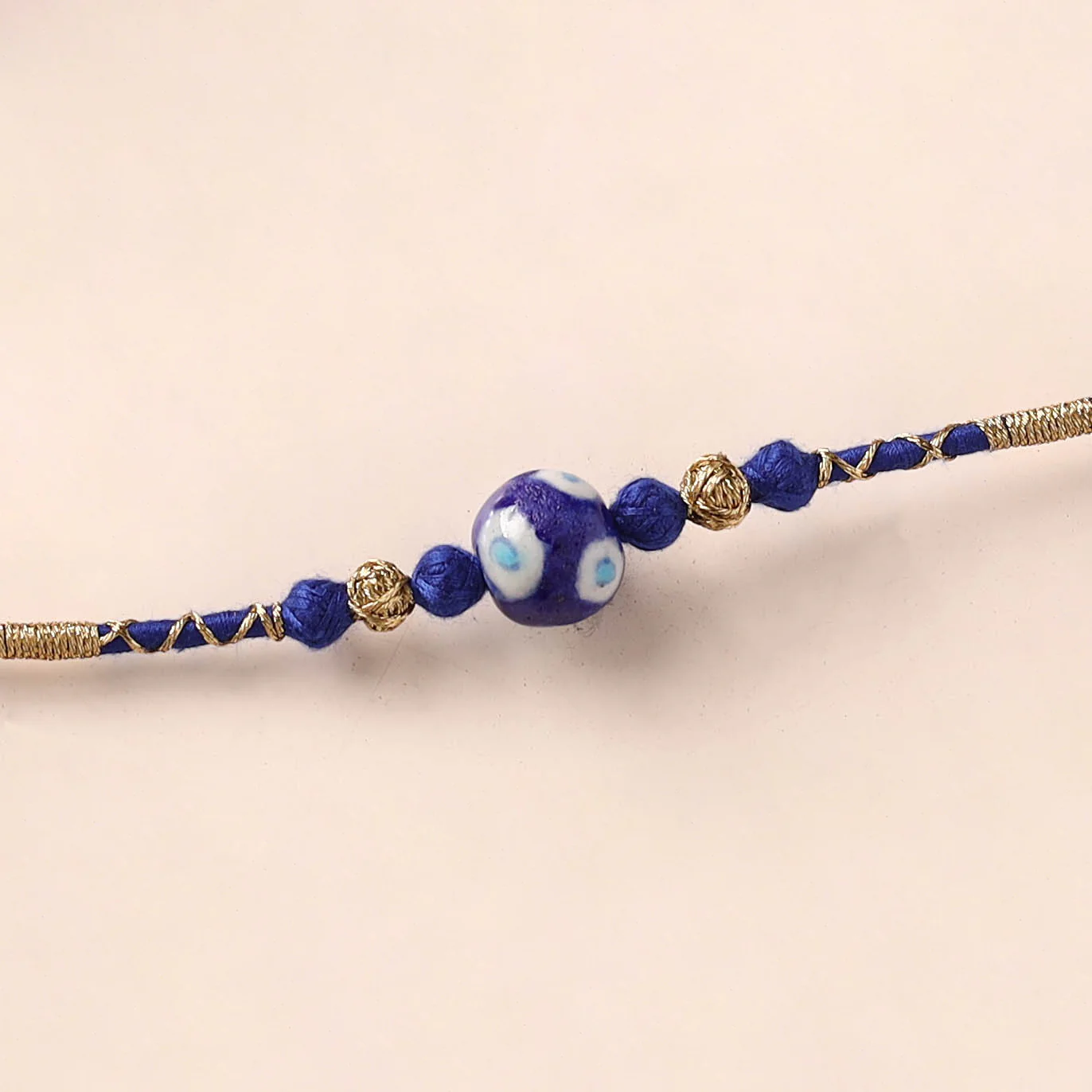 Handcrafted Patwa Threadwork Blue Pottery Beads Rakhi 17 - Image 2