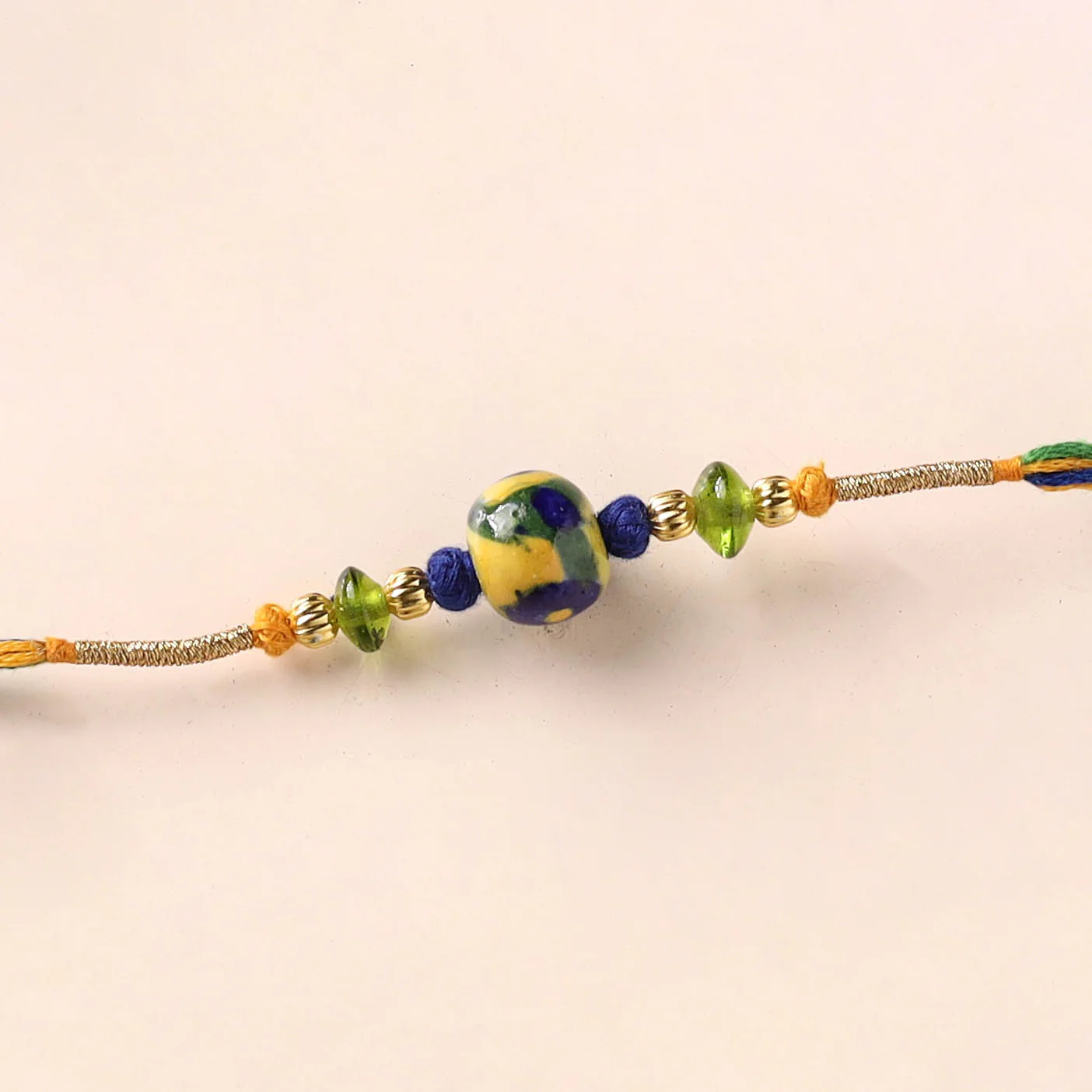 Handcrafted Patwa Threadwork Blue Pottery Beads Rakhi 23 - Image 2