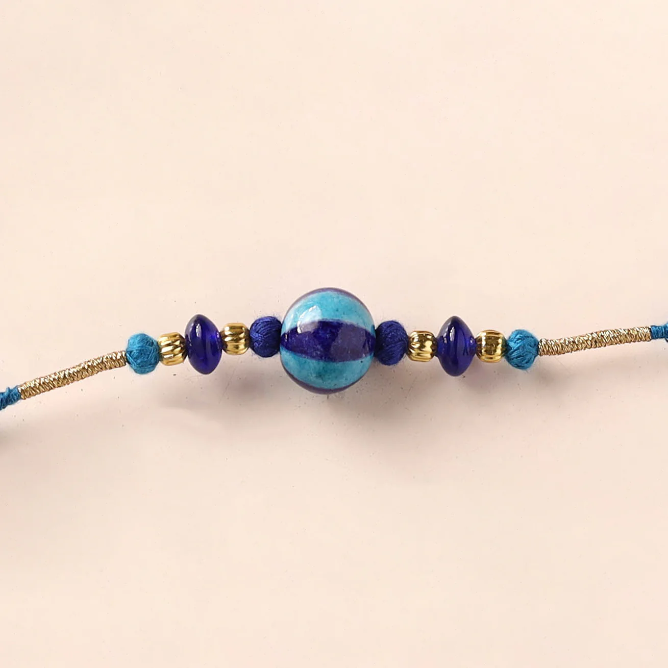 Handcrafted Patwa Threadwork Blue Pottery Beads Rakhi 25 - Image 2