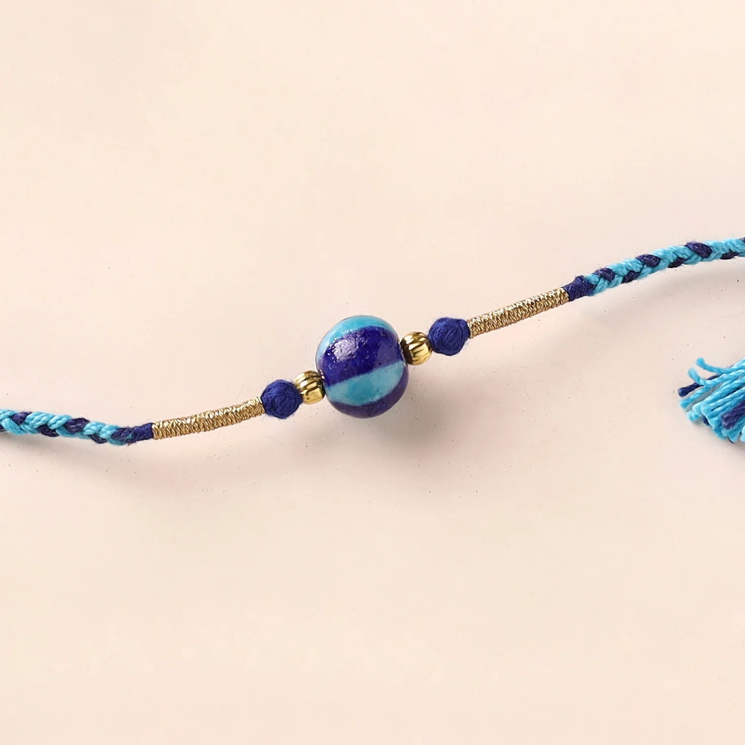 Handcrafted Patwa Threadwork Blue Pottery Beads Rakhi 26 - Image 2