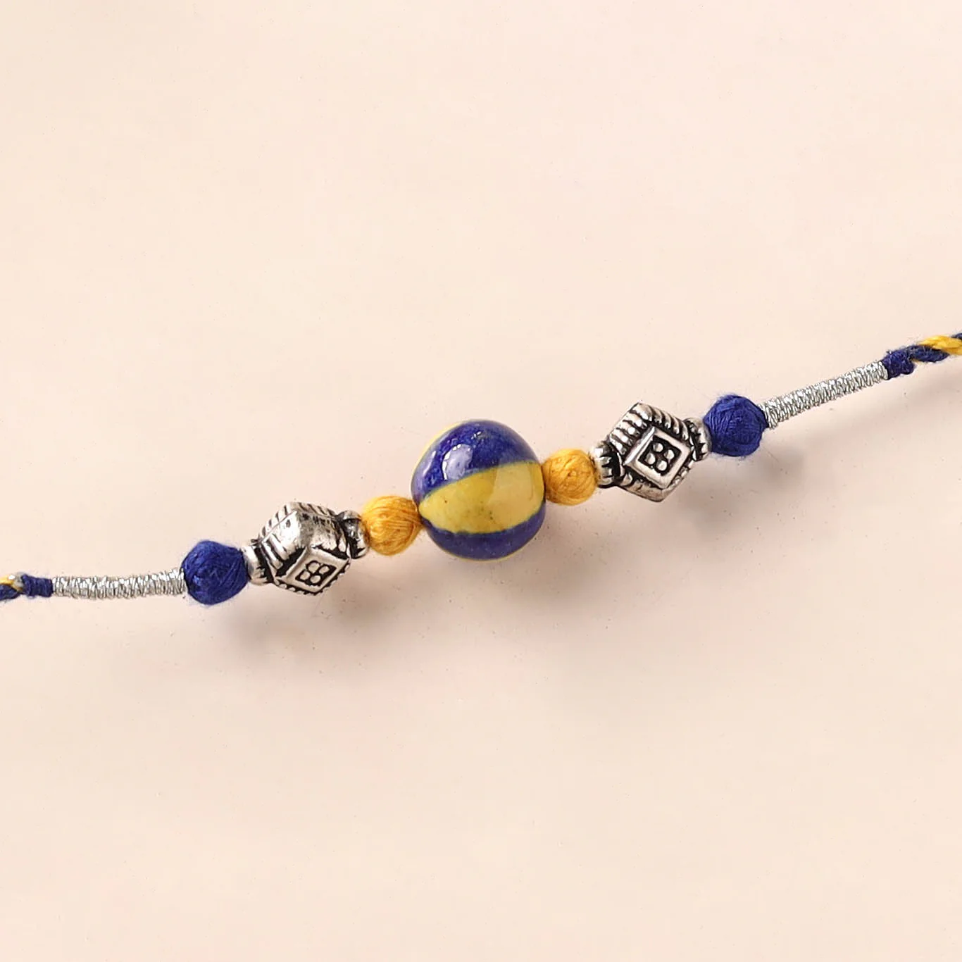 Handcrafted Patwa Threadwork Blue Pottery Beads Rakhi 31 - Image 2