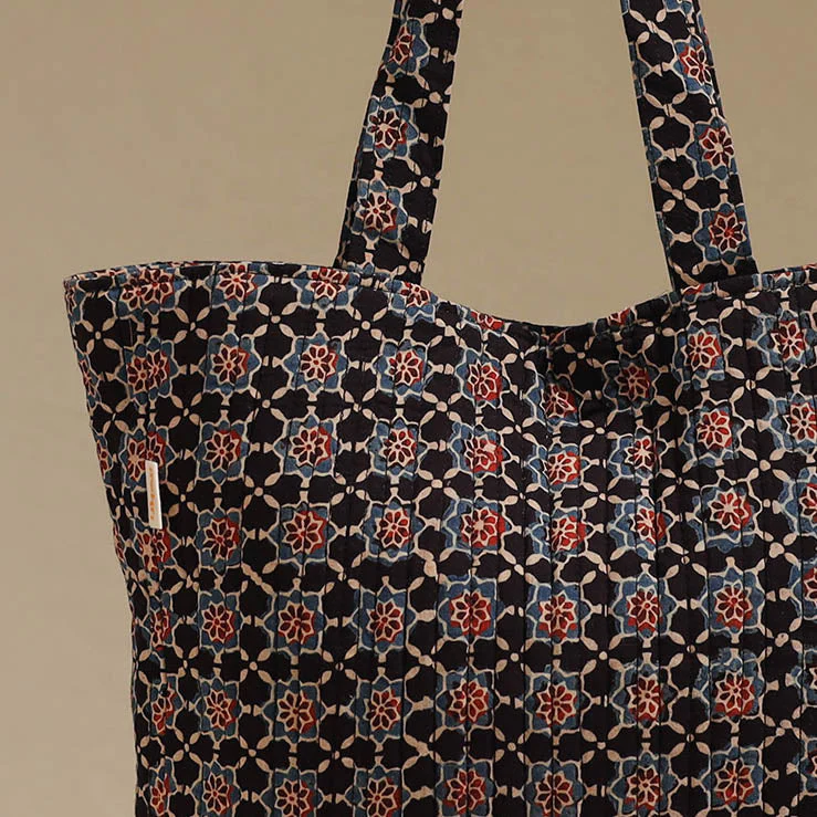 Black - Handcrafted Quilted Ajrakh Block Printed Fabric Tote Bag by Chhoti Si Asha 136 - Image 4