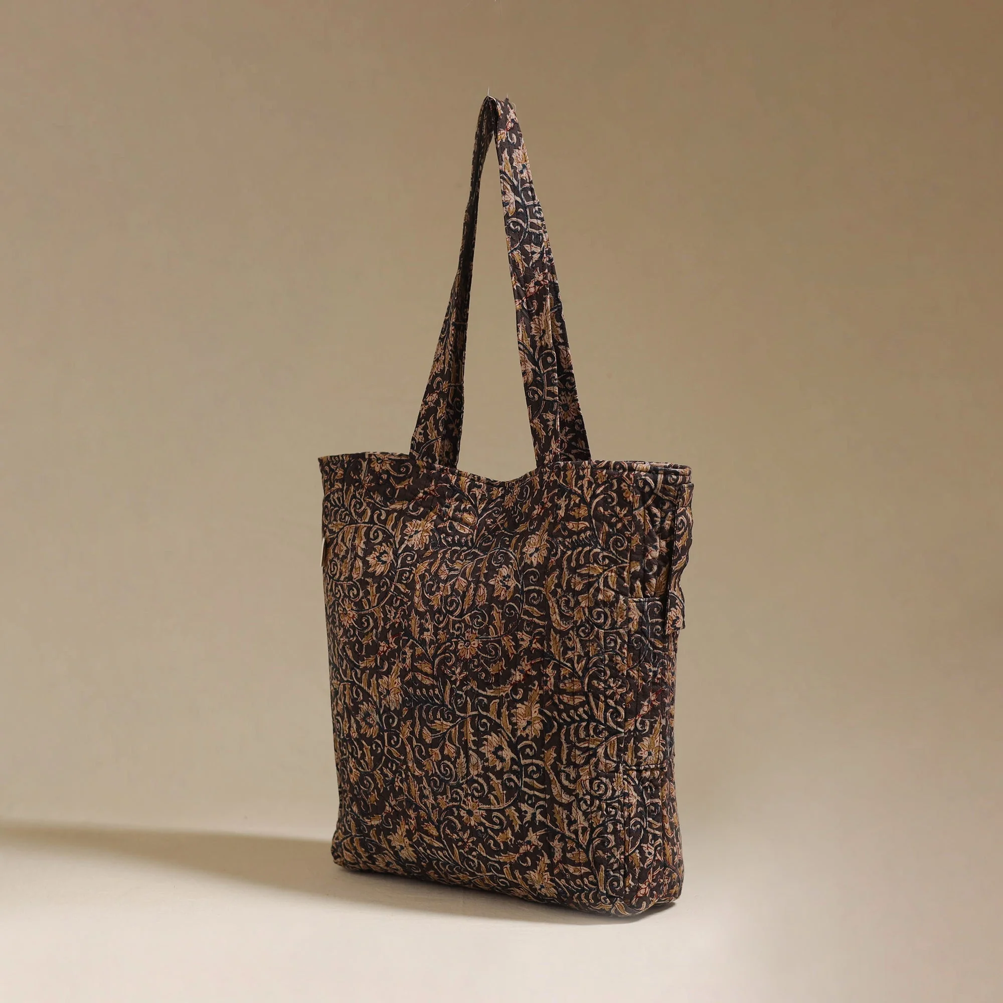 Black - Handcrafted Quilted Kalamkari Block Printed Fabric Tote Bag by Chhoti Si Asha 160 - Image 2