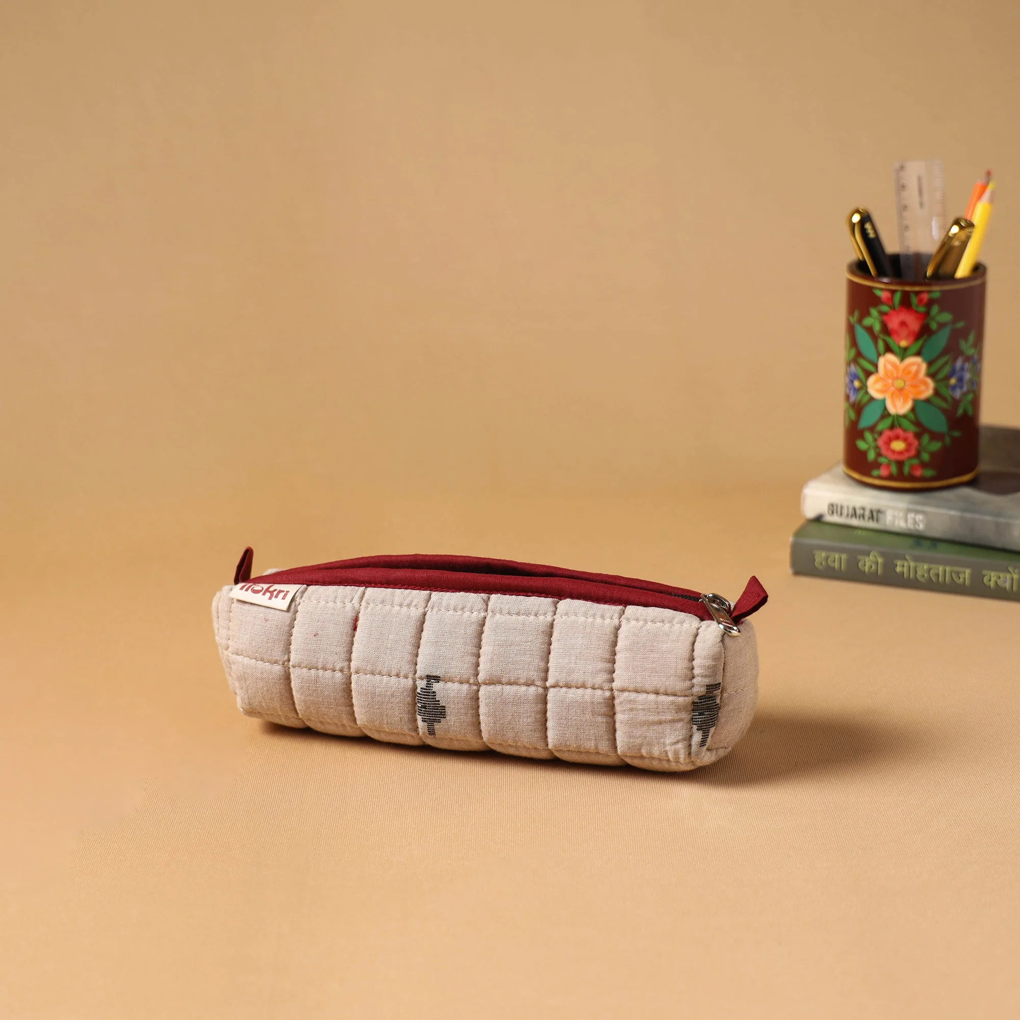 Beige - Handcrafted Quilted Pencil Pouch 06