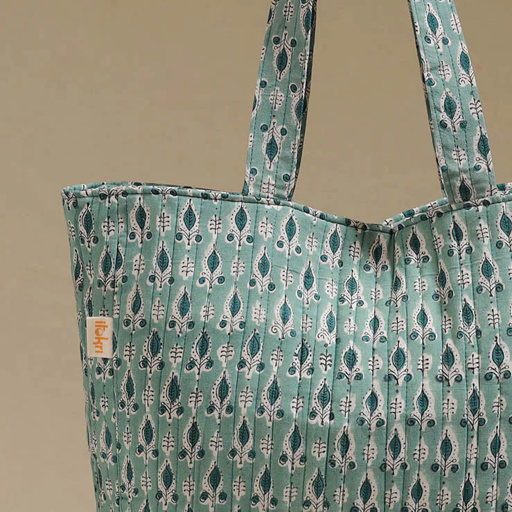 Green - Handcrafted Quilted Sanganeri Block Printed Fabric Tote Bag by Chhoti Si Asha 142 - Image 4