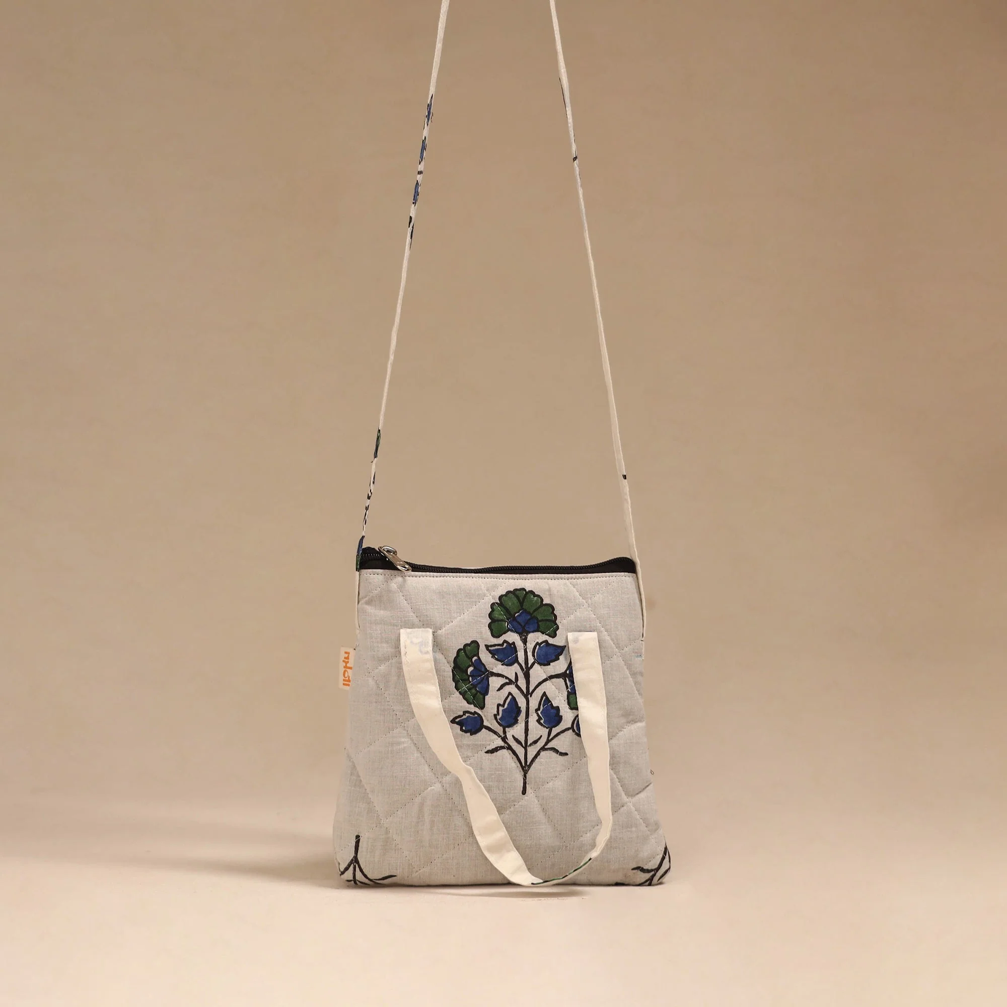 Beige - Handcrafted Quilted Sling Bag 13