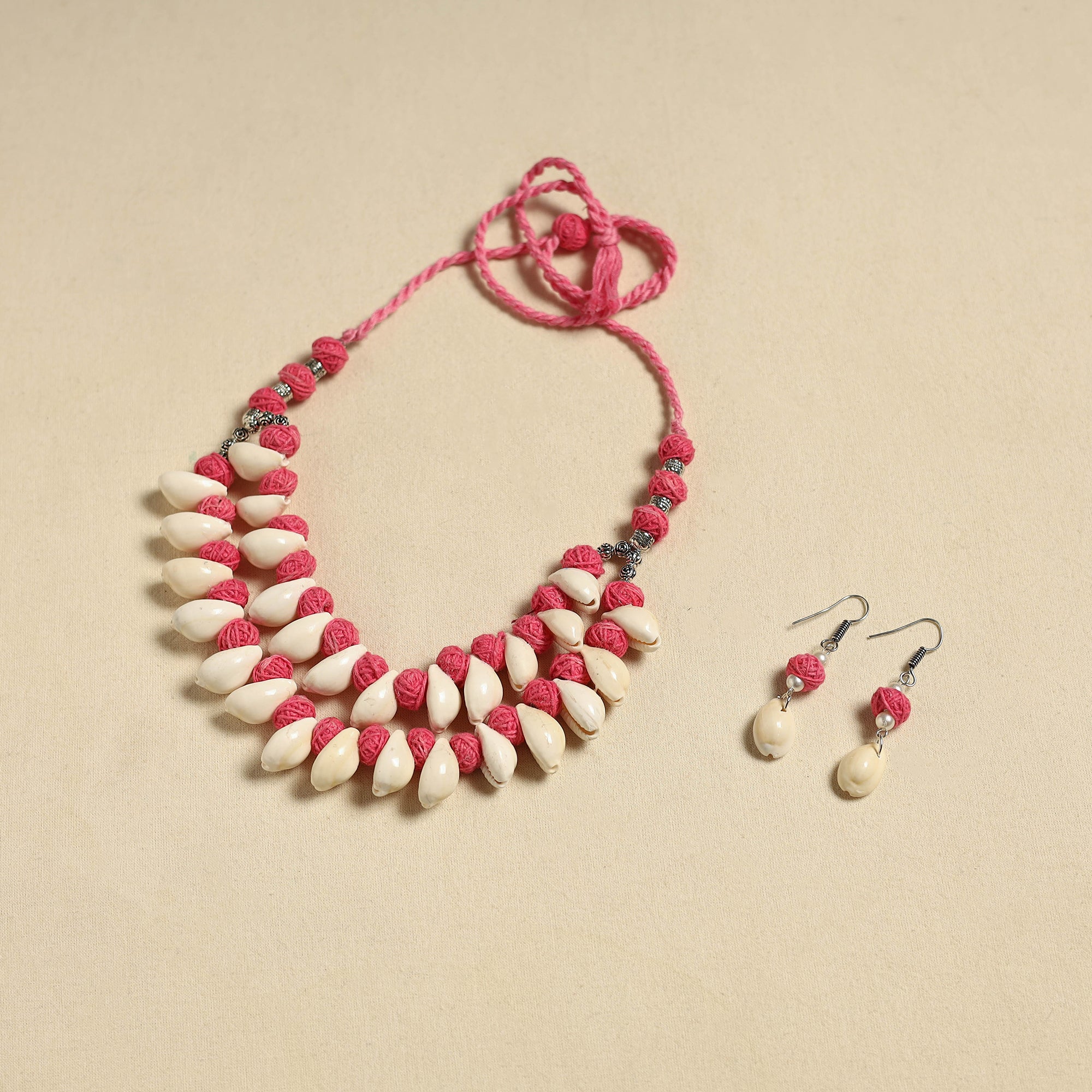 Handcrafted Thread Beads Shell Work Double Layered Necklace Set 13 - Image 2