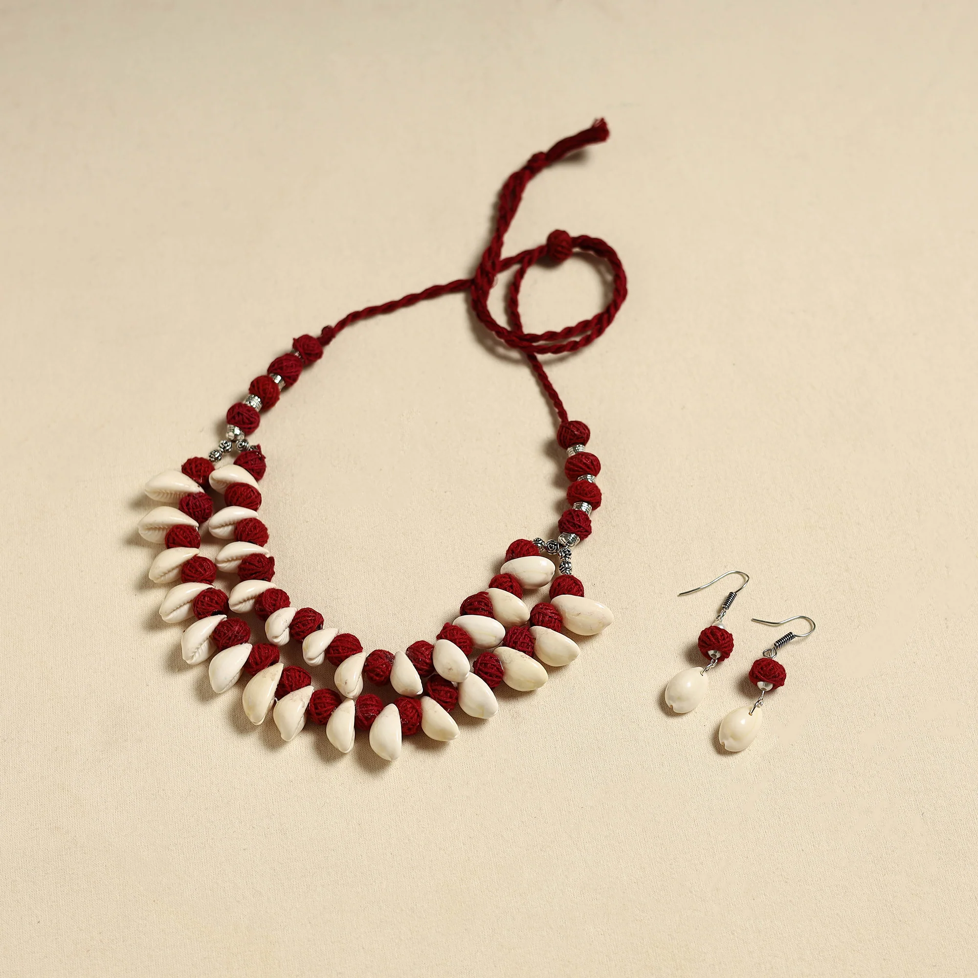 Handcrafted Thread Beads Shell Work Double Layered Necklace Set 14 - Image 2