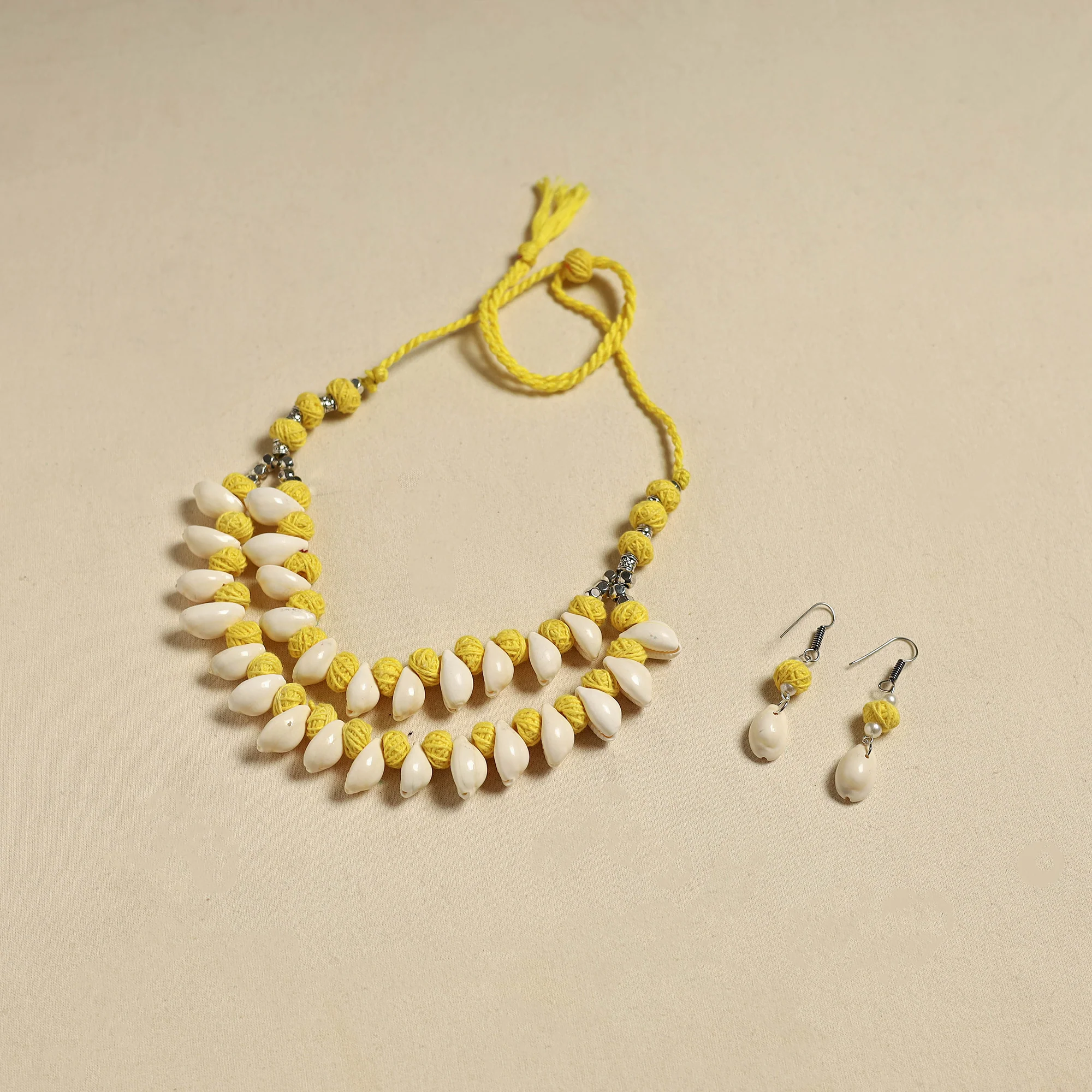 Handcrafted Thread Beads Shell Work Double Layered Necklace Set 18 - Image 2