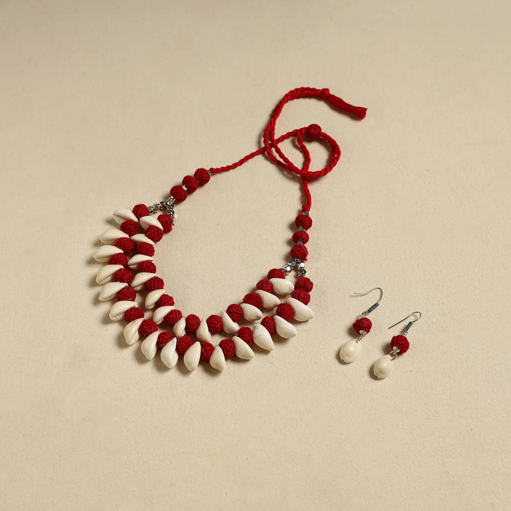 Handcrafted Thread Beads Shell Work Double Layered Necklace Set 19 - Image 2