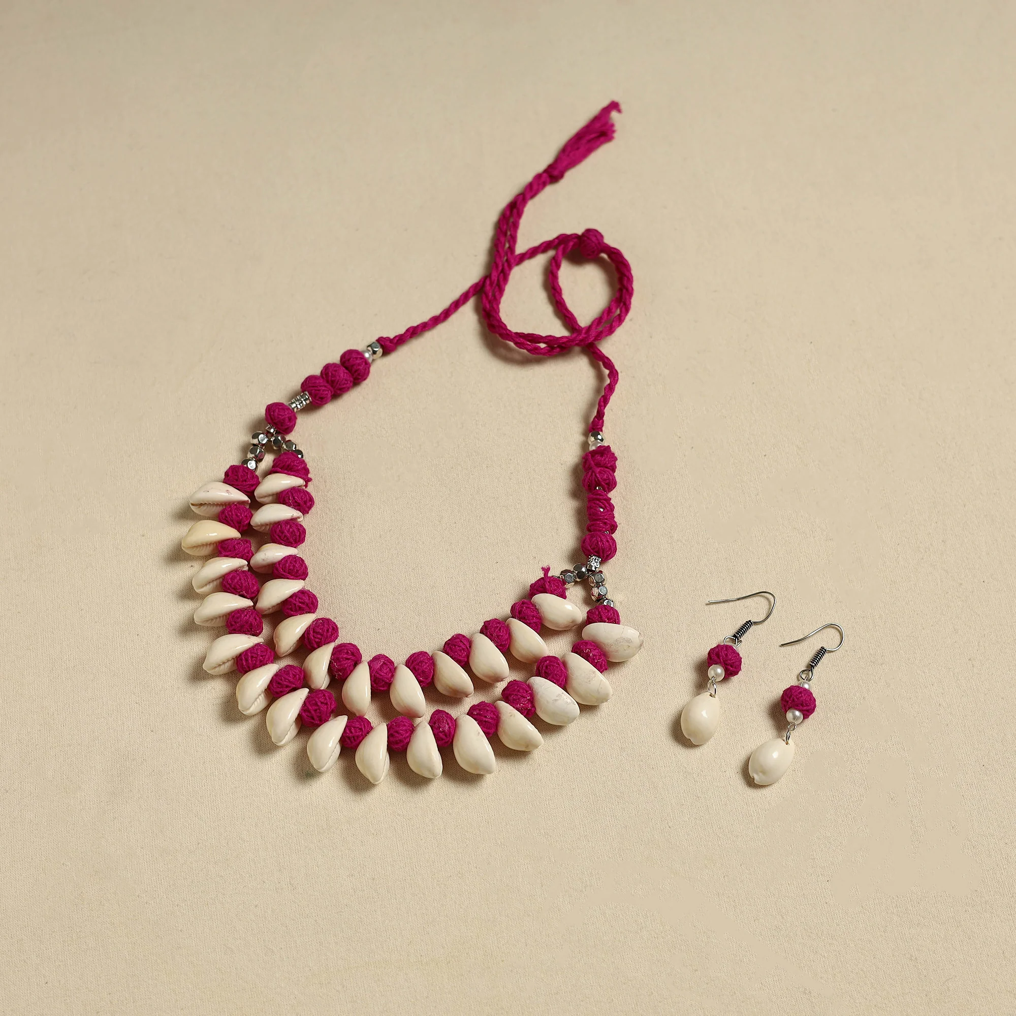 Handcrafted Thread Beads Shell Work Double Layered Necklace Set 20 - Image 2