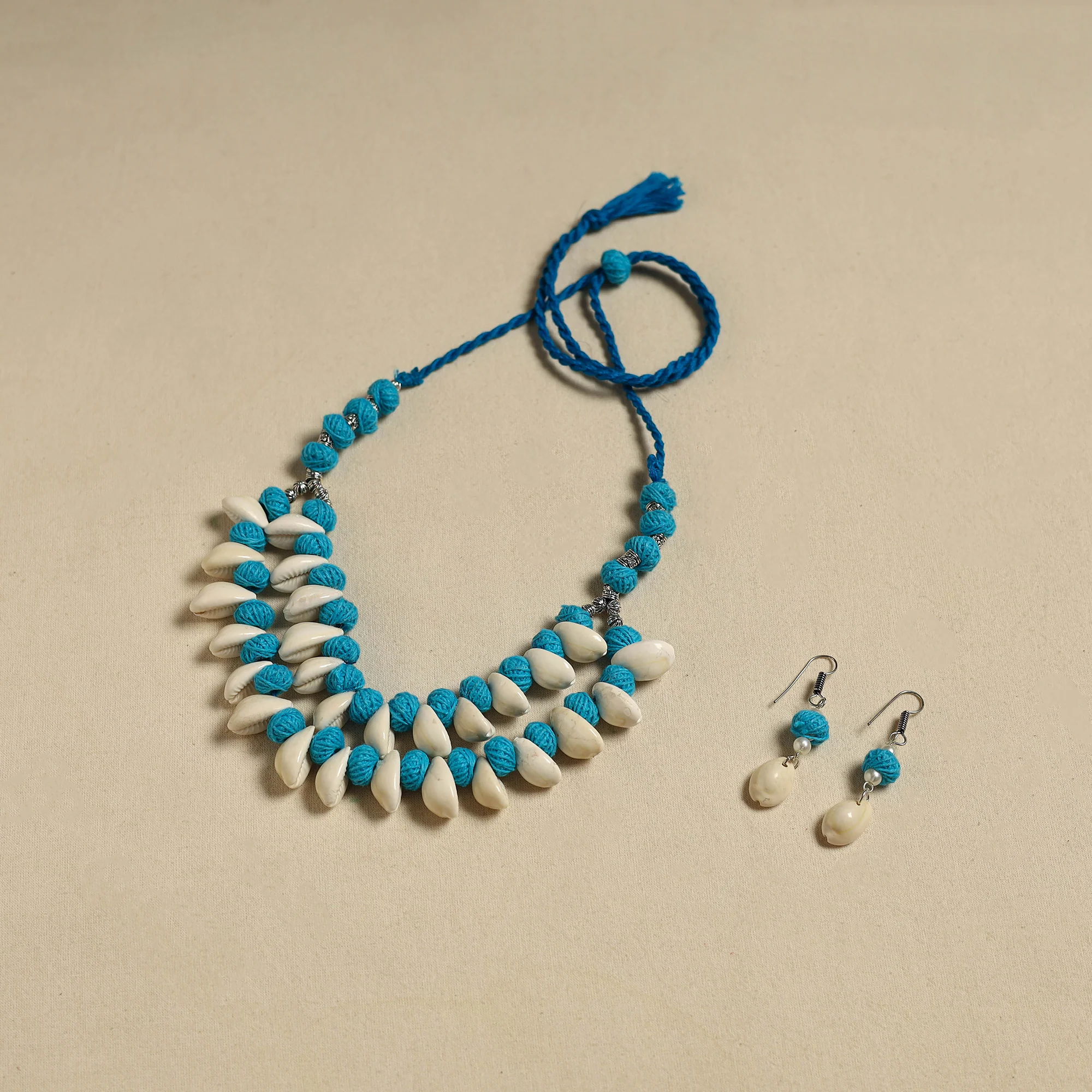 Handcrafted Thread Beads Shell Work Double Layered Necklace Set 21 - Image 2