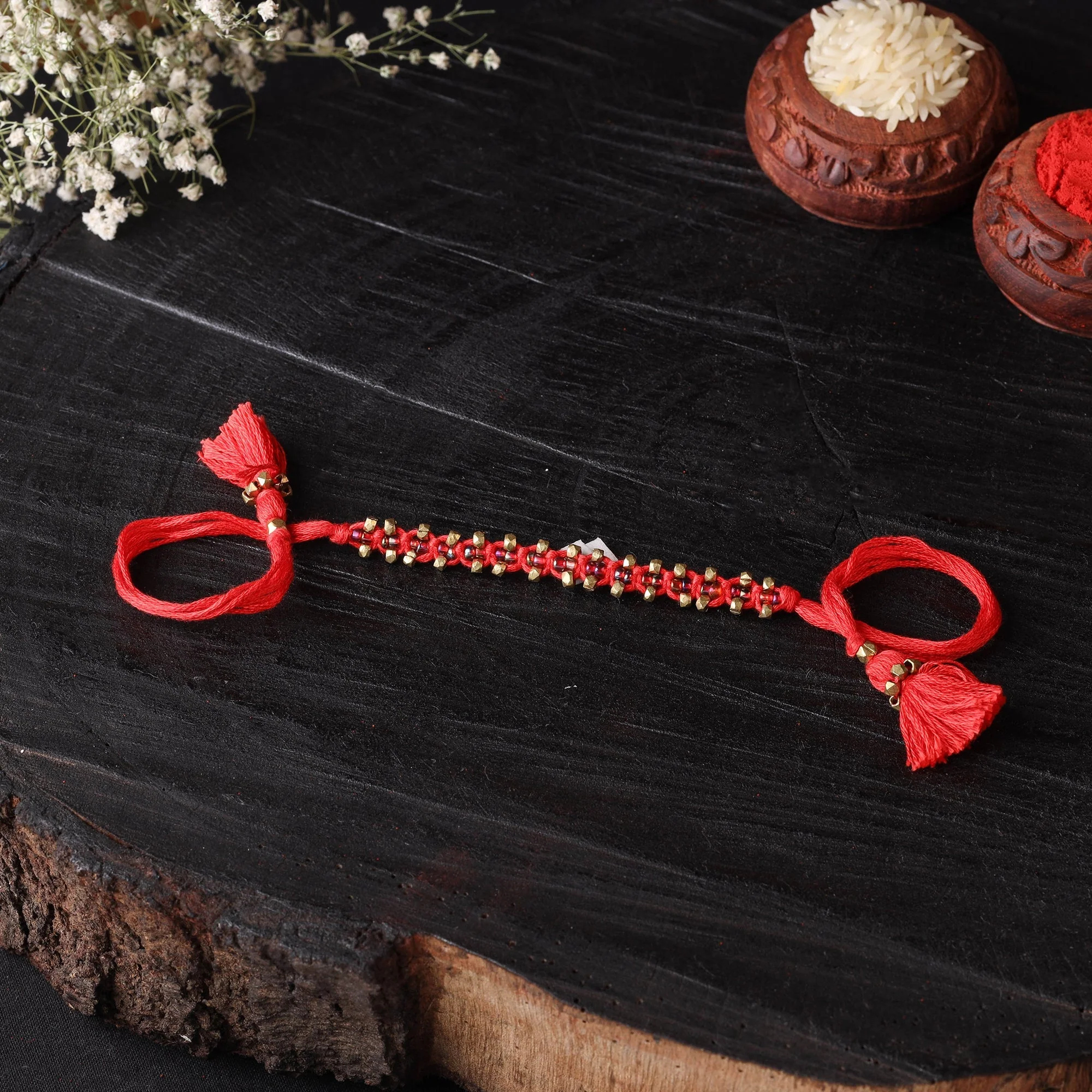 Red - Handcrafted Tribal Dokra Brass Thread Rakhi 16