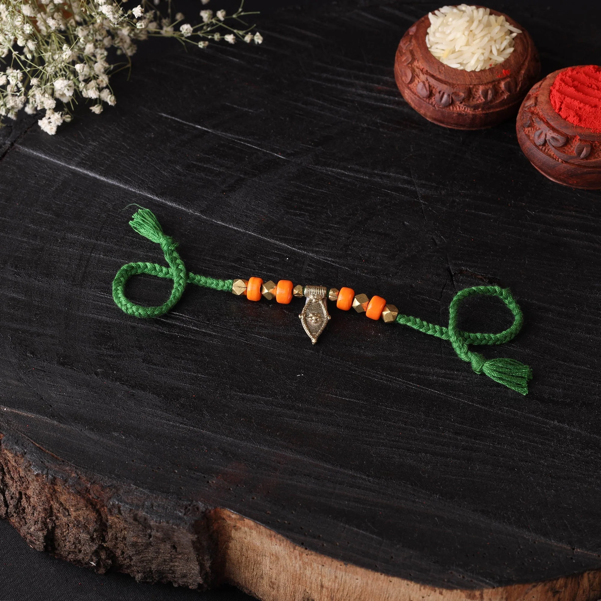 Green - Handcrafted Tribal Dokra Brass Thread Rakhi 24