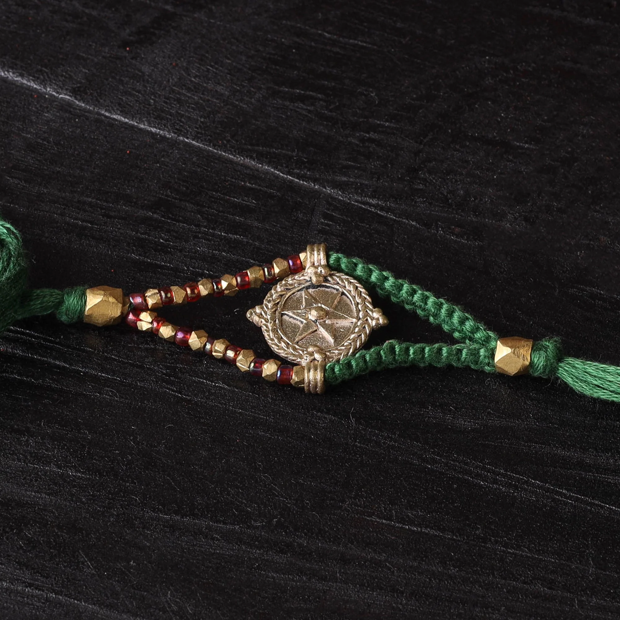 Green - Handcrafted Tribal Dokra Brass Thread Rakhi 35 - Image 2