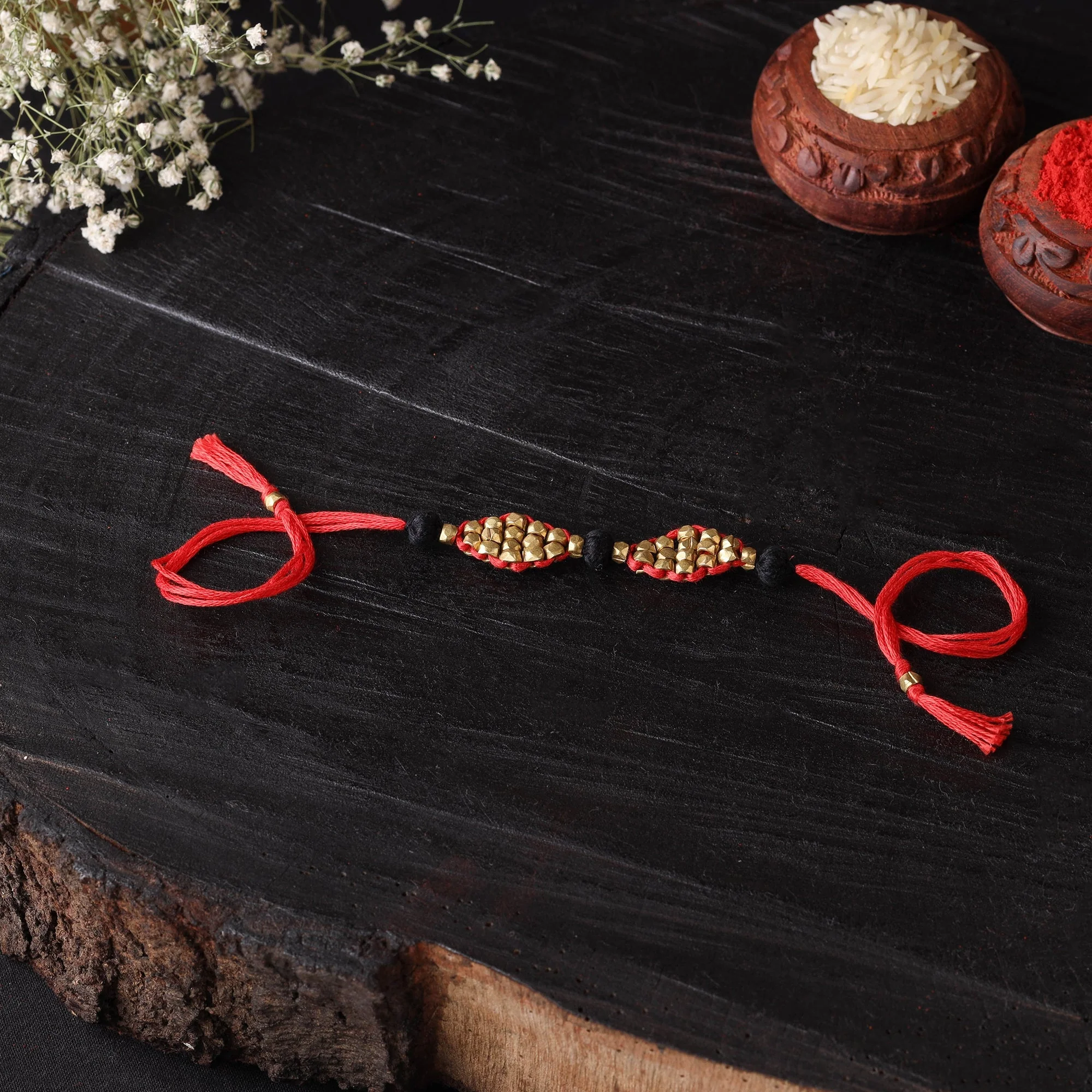 Red - Handcrafted Tribal Dokra Brass Thread Rakhi 46