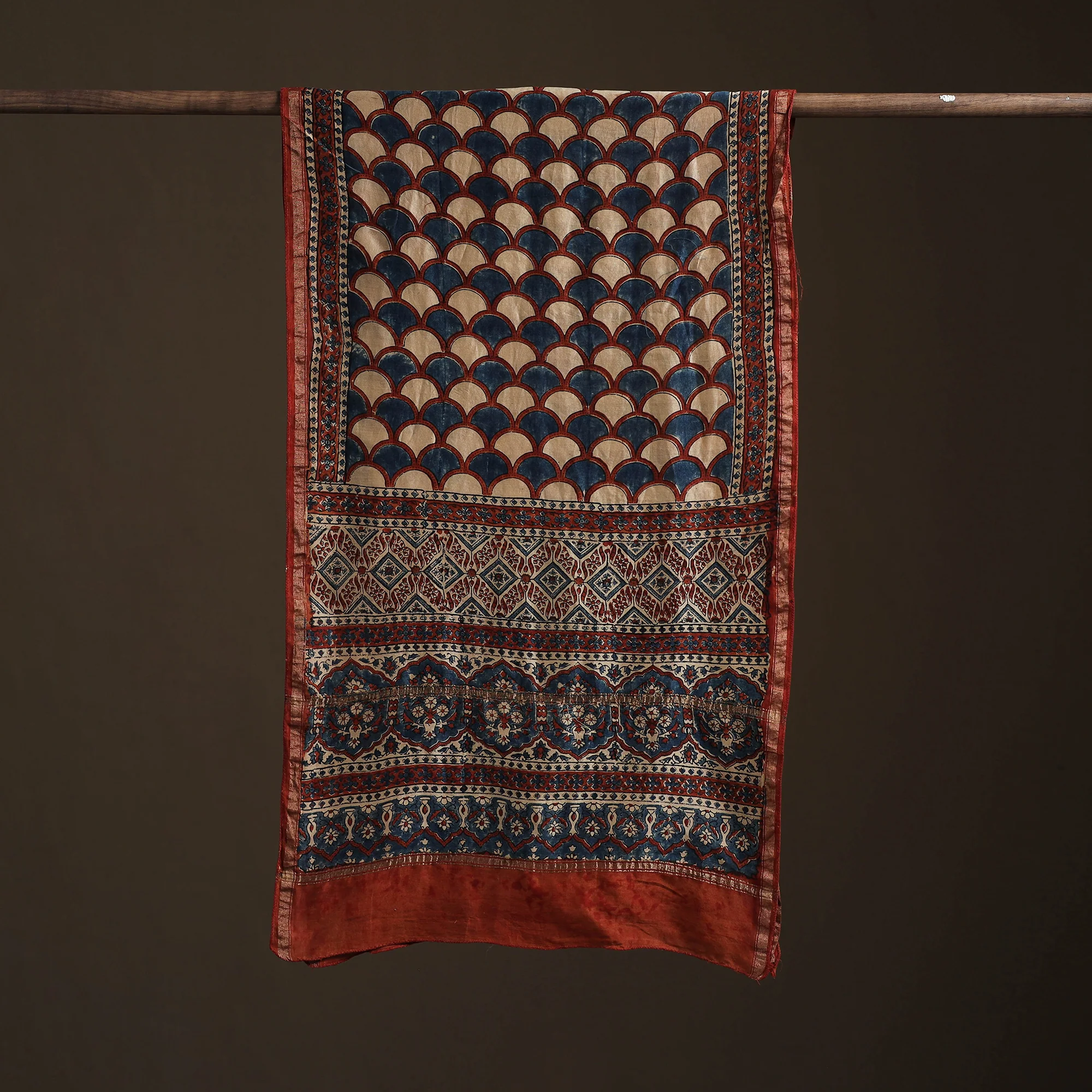 Red - Handloom Chanderi Silk Ajrakh Hand Block Print Natural Dyed Stole 02 - Image 3