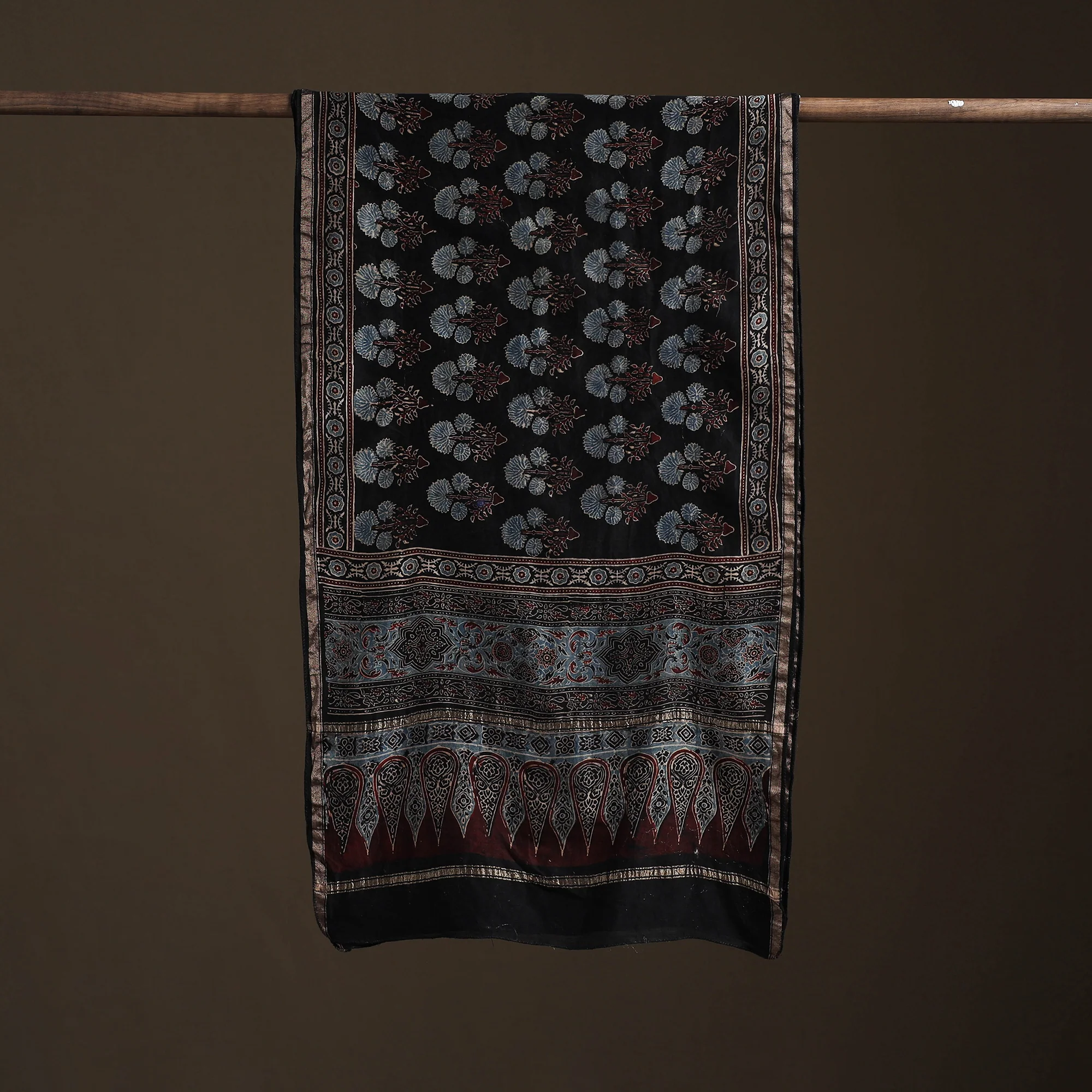 Black - Handloom Chanderi Silk Ajrakh Hand Block Print Natural Dyed Stole 11 - Image 3
