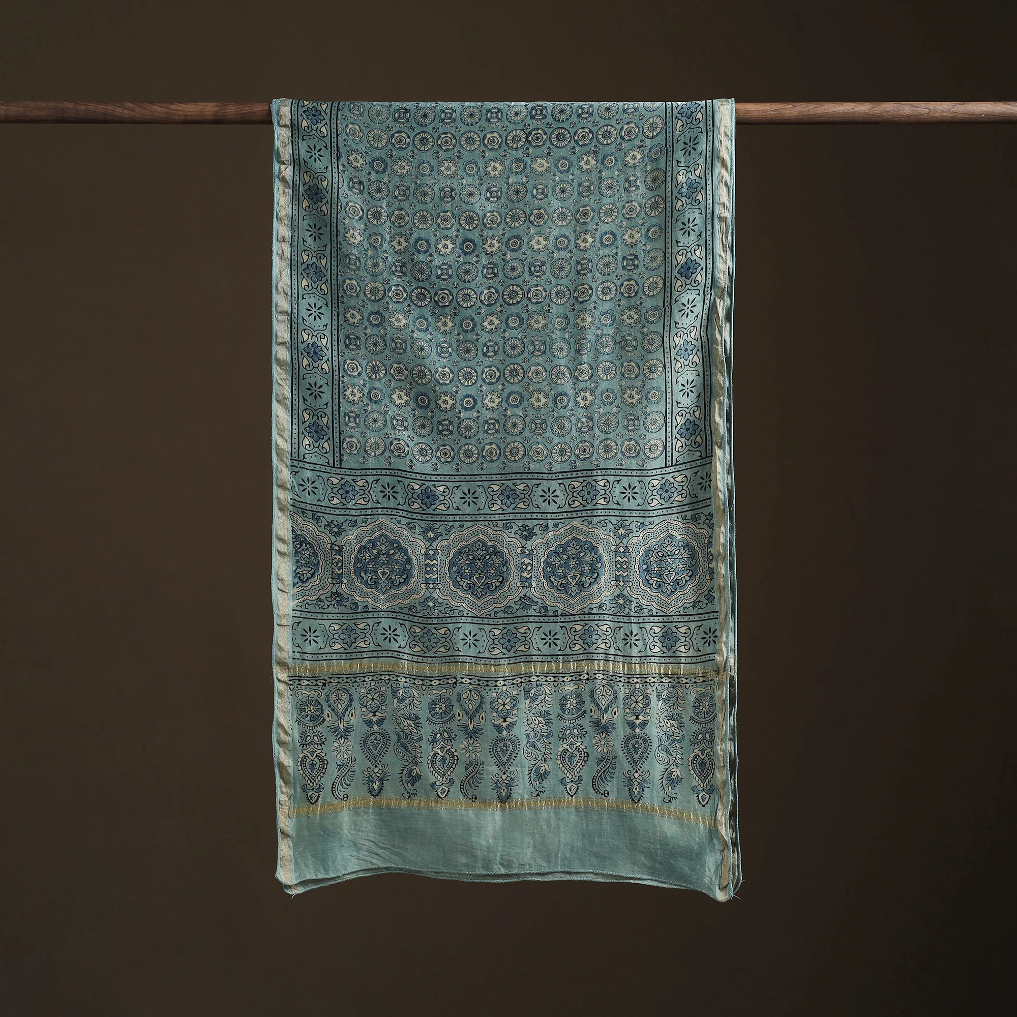 Green - Handloom Chanderi Silk Ajrakh Hand Block Print Natural Dyed Stole 12 - Image 3