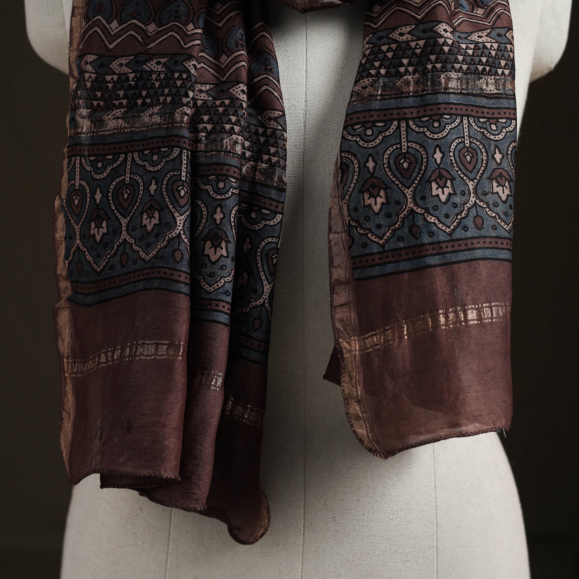 Brown - Handloom Chanderi Silk Ajrakh Hand Block Print Natural Dyed Stole 17 - Image 2