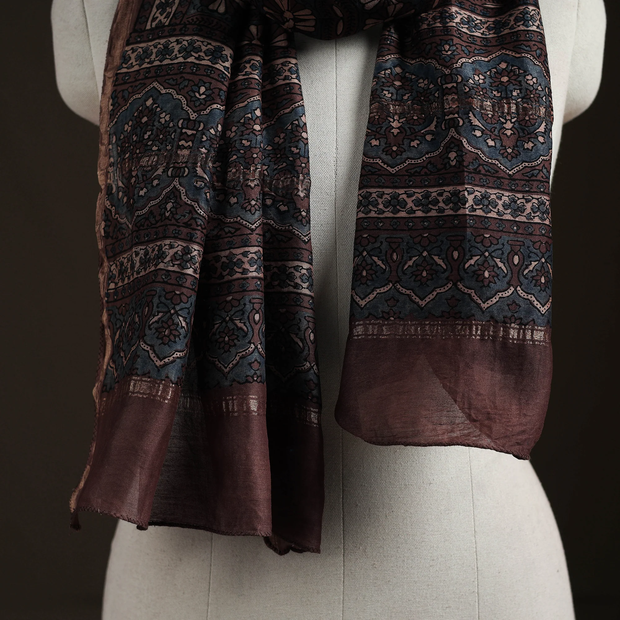 Brown - Handloom Chanderi Silk Ajrakh Hand Block Print Natural Dyed Stole 18 - Image 2