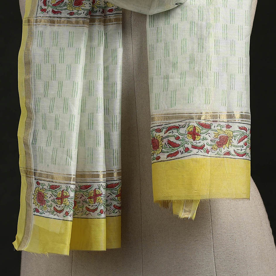 Yellow - Handloom Chanderi Silk Hand Block Print Sanganeri Stole 02 - Image 2