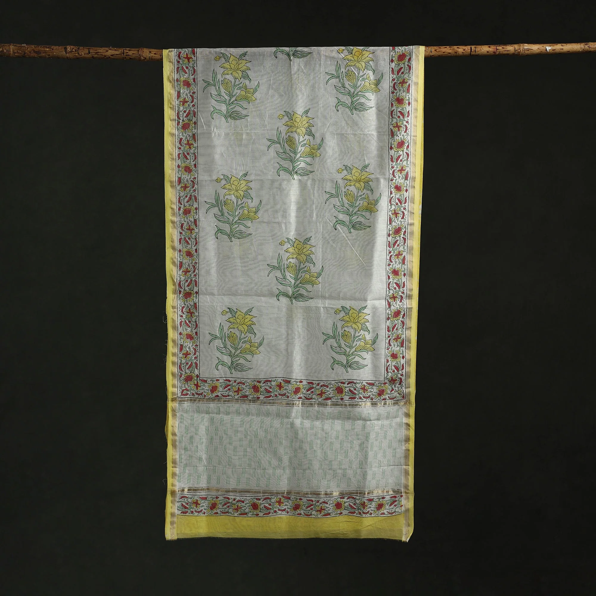 Yellow - Handloom Chanderi Silk Hand Block Print Sanganeri Stole 02 - Image 3