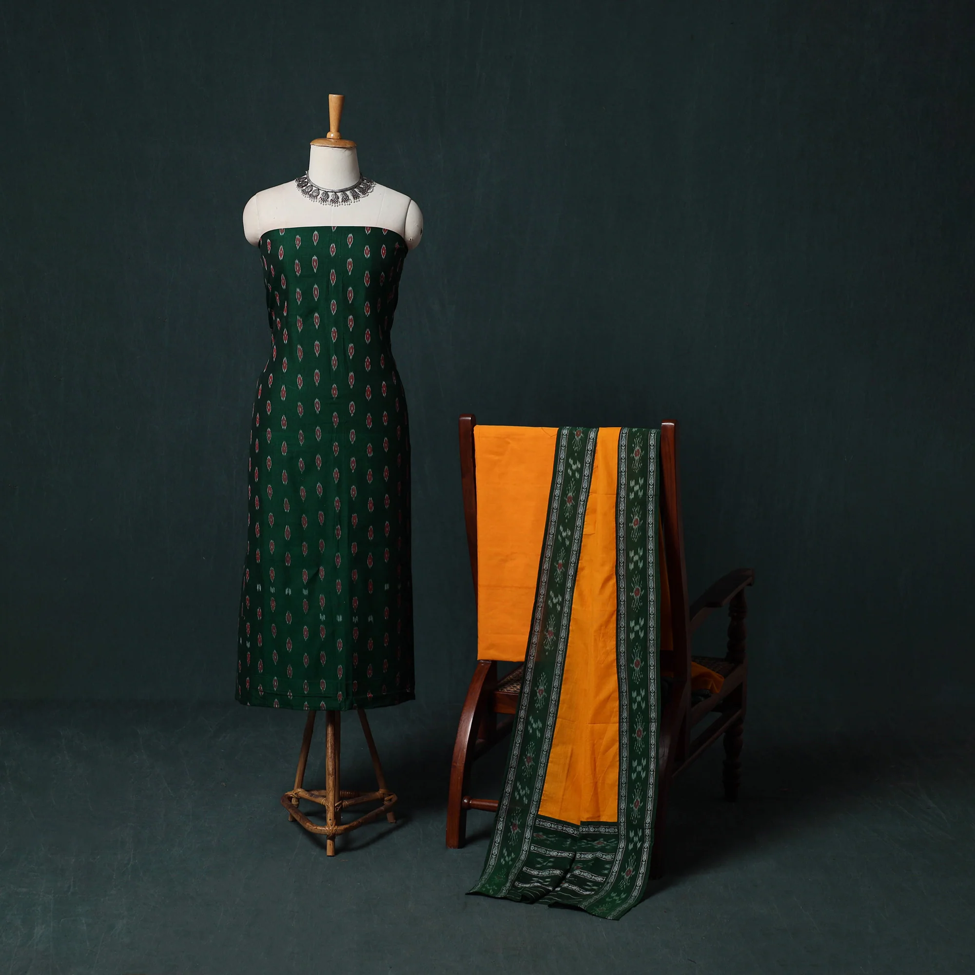 Green - Handloom Cotton 3pc Unstitched Sambalpuri Ikat Dress Material Suit Set 02 - Image 2
