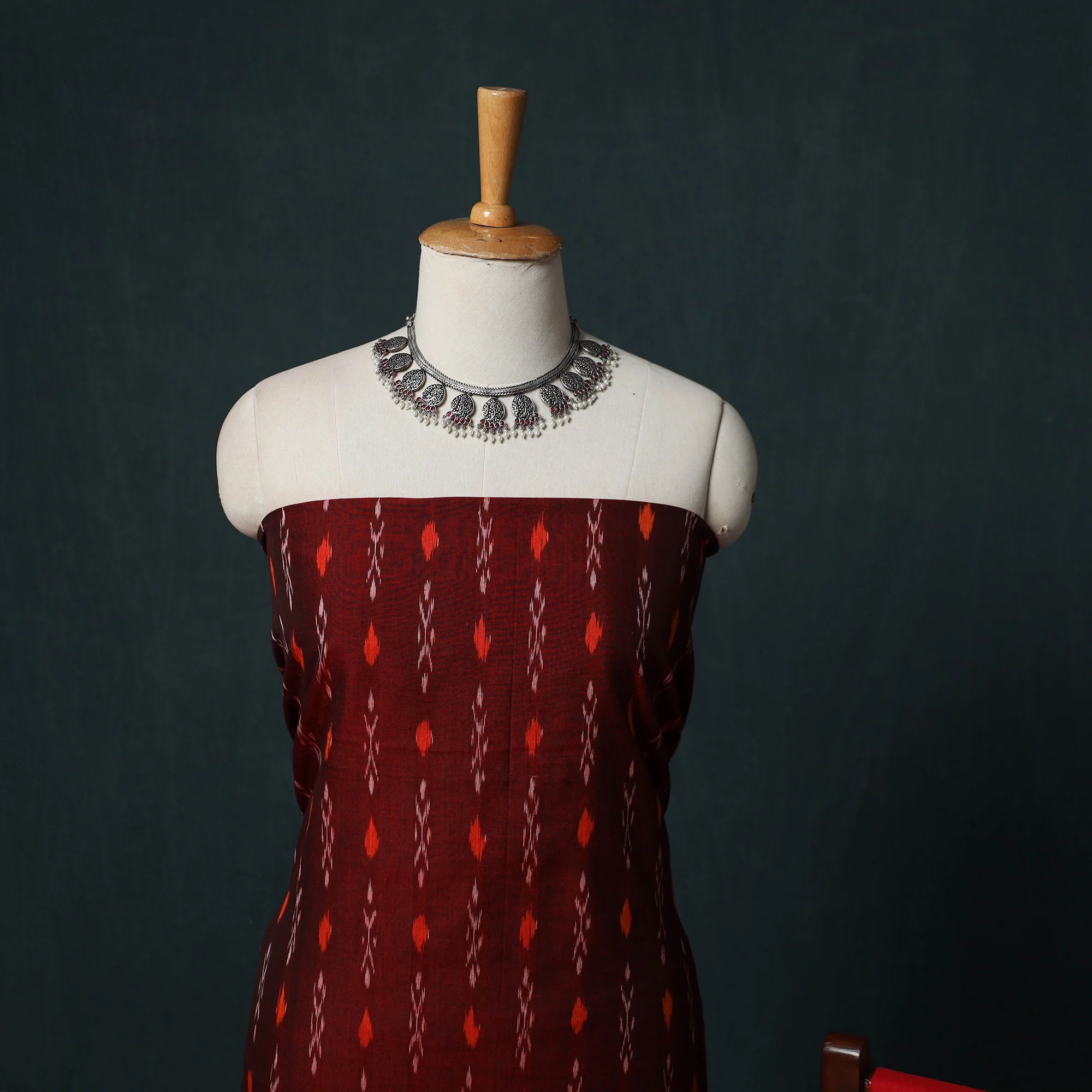 Red - Handloom Cotton 3pc Unstitched Sambalpuri Ikat Dress Material Suit Set 10 - Image 3