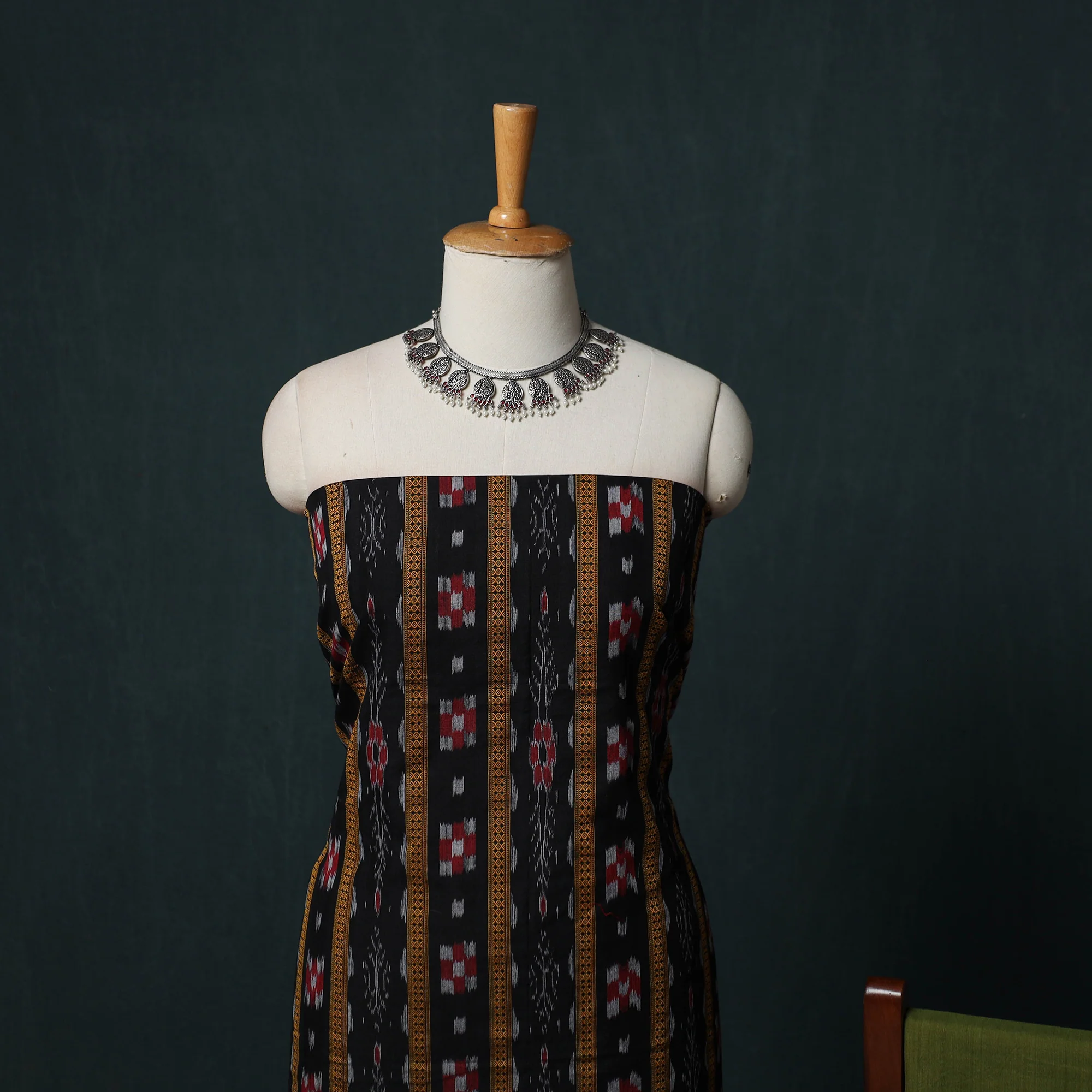 Black - Handloom Cotton 3pc Unstitched Sambalpuri Ikat Dress Material Suit Set 16 - Image 3
