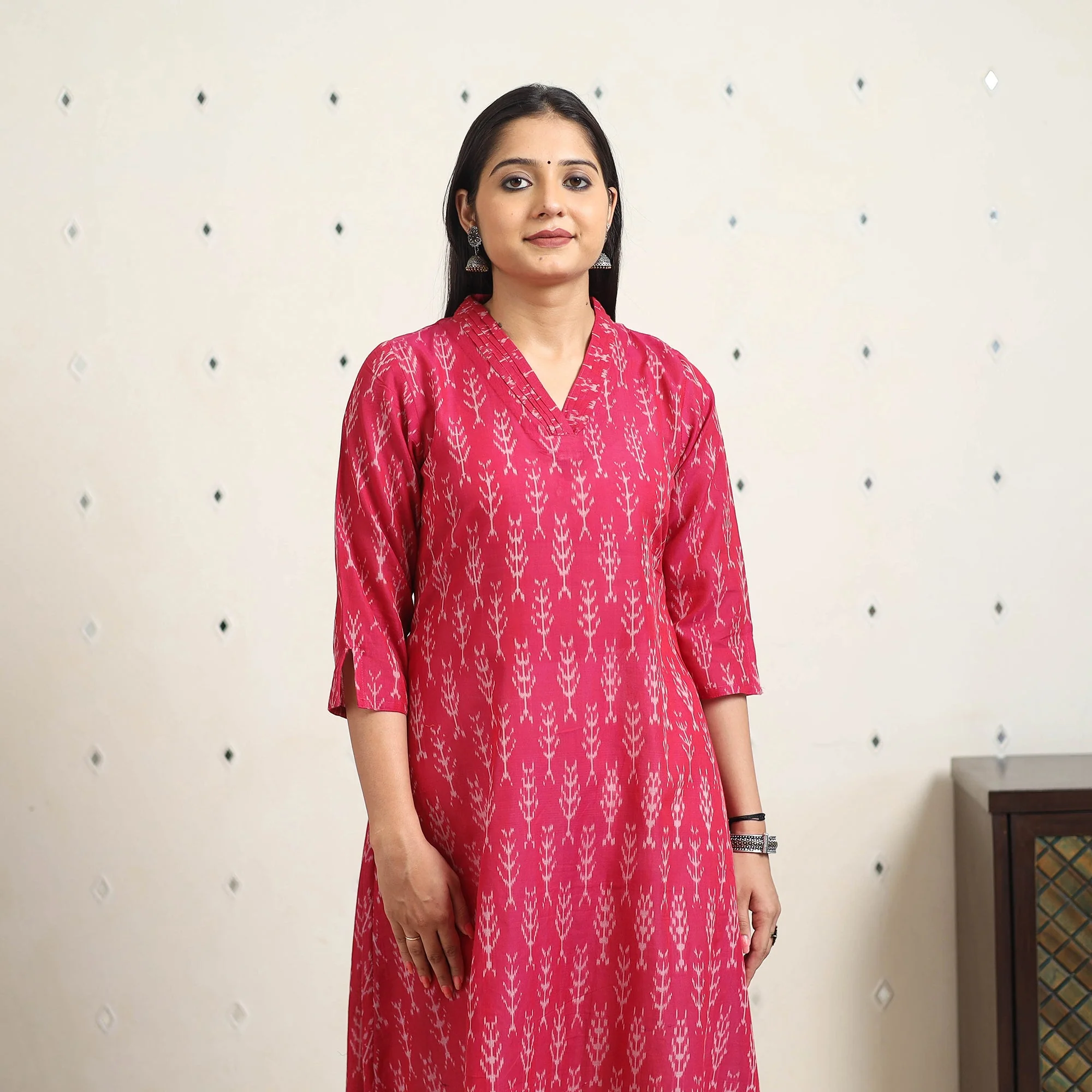 Pink - Handloom Cotton A-Line Pochampally Ikat Kurta 04 - Image 4