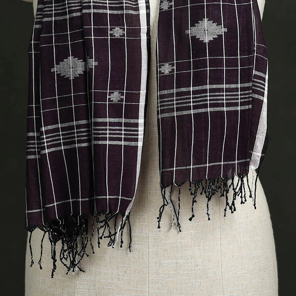 Purple - Handloom Cotton Burdwan Jamdani Stole with Tassels 16 - Image 2