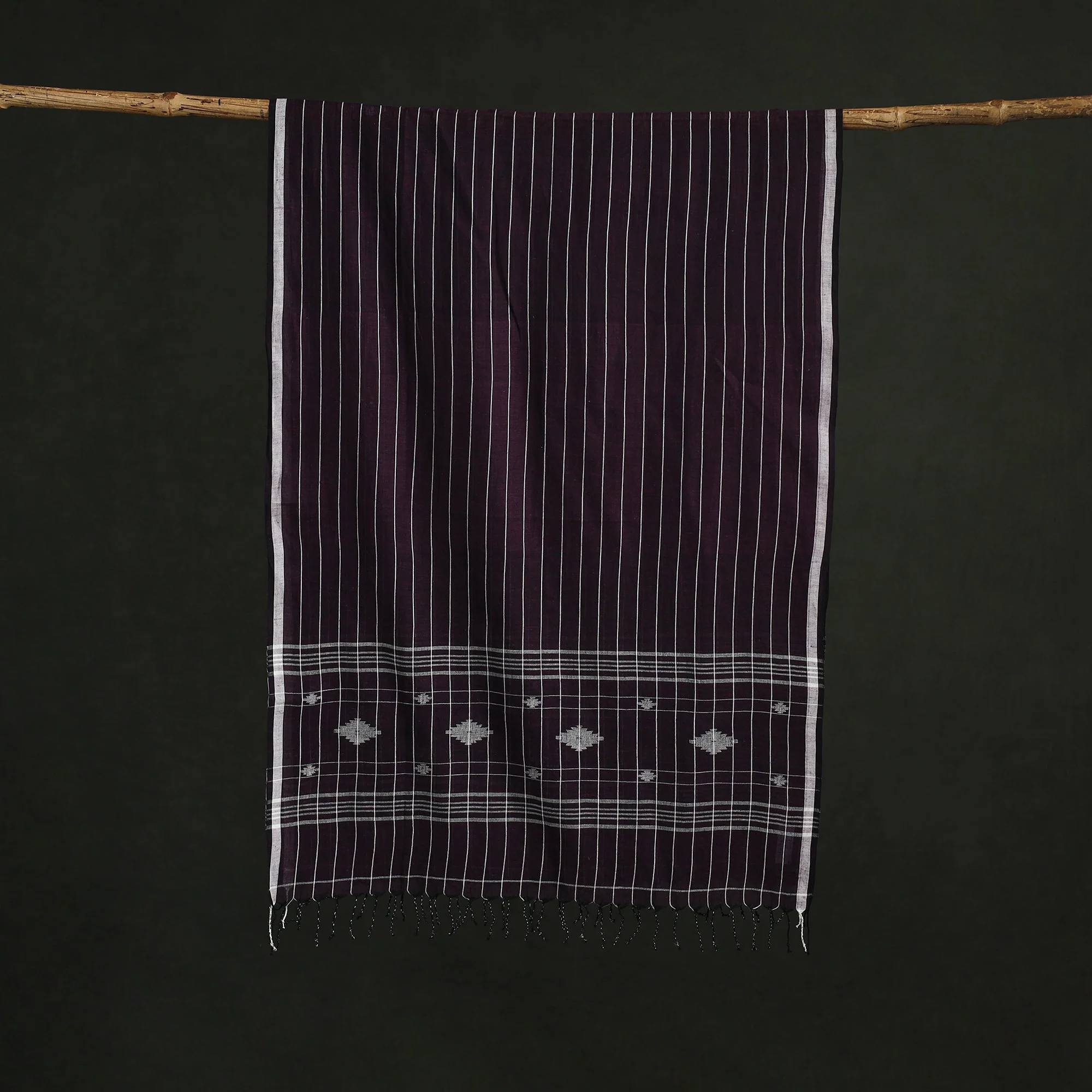 Purple - Handloom Cotton Burdwan Jamdani Stole with Tassels 16 - Image 3