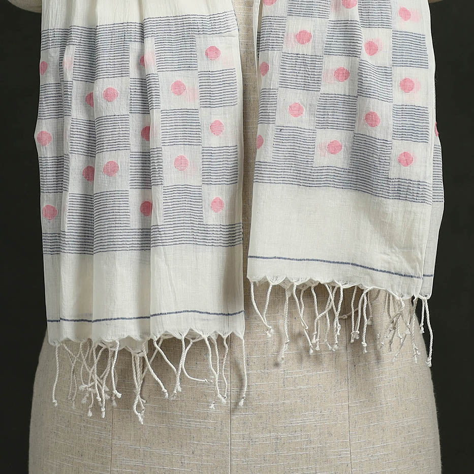 White - Handloom Cotton Burdwan Jamdani Stole with Tassels 17 - Image 2