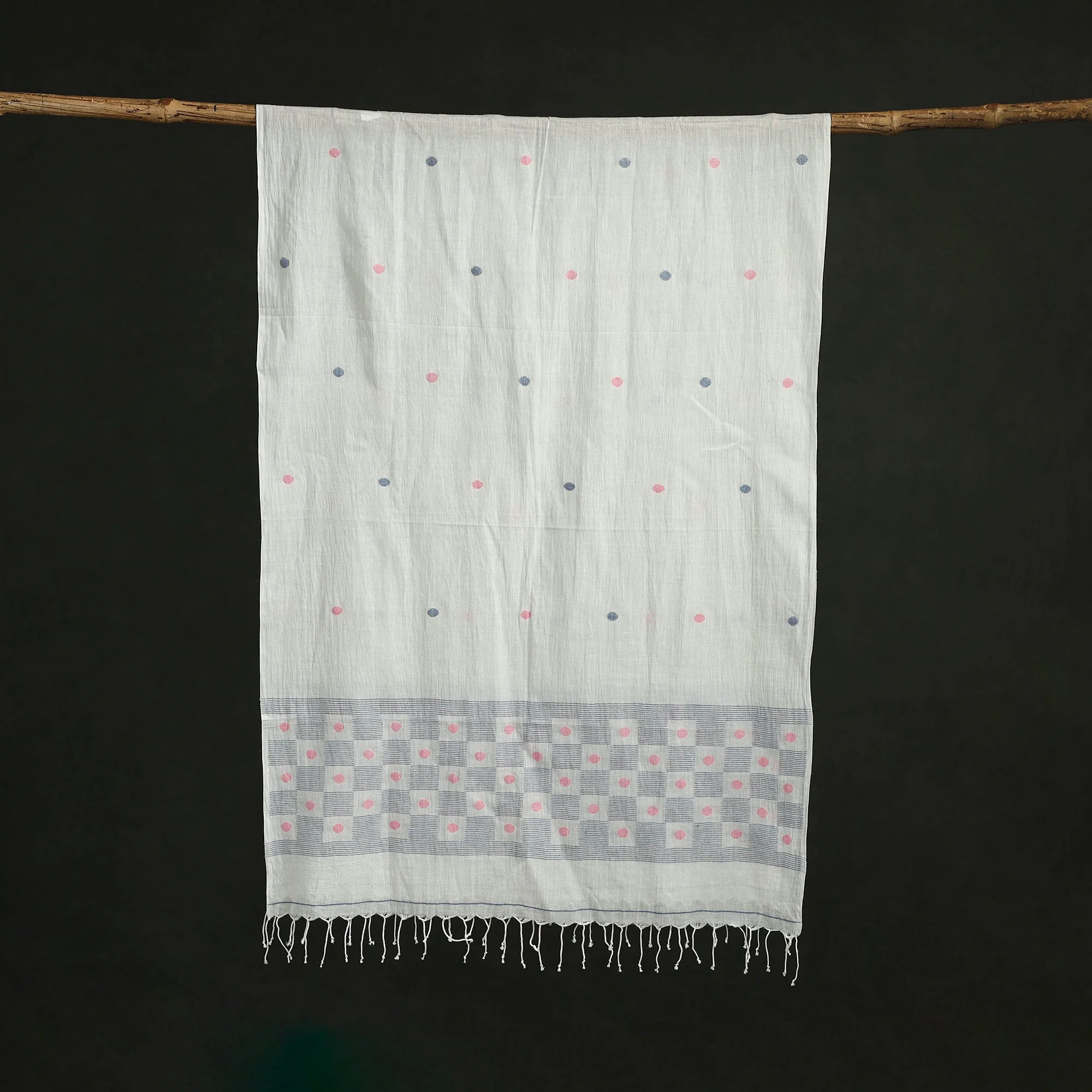 White - Handloom Cotton Burdwan Jamdani Stole with Tassels 17 - Image 3