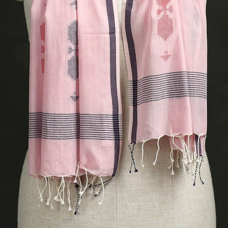Pink - Handloom Cotton Burdwan Jamdani Stole with Tassels 22 - Image 2